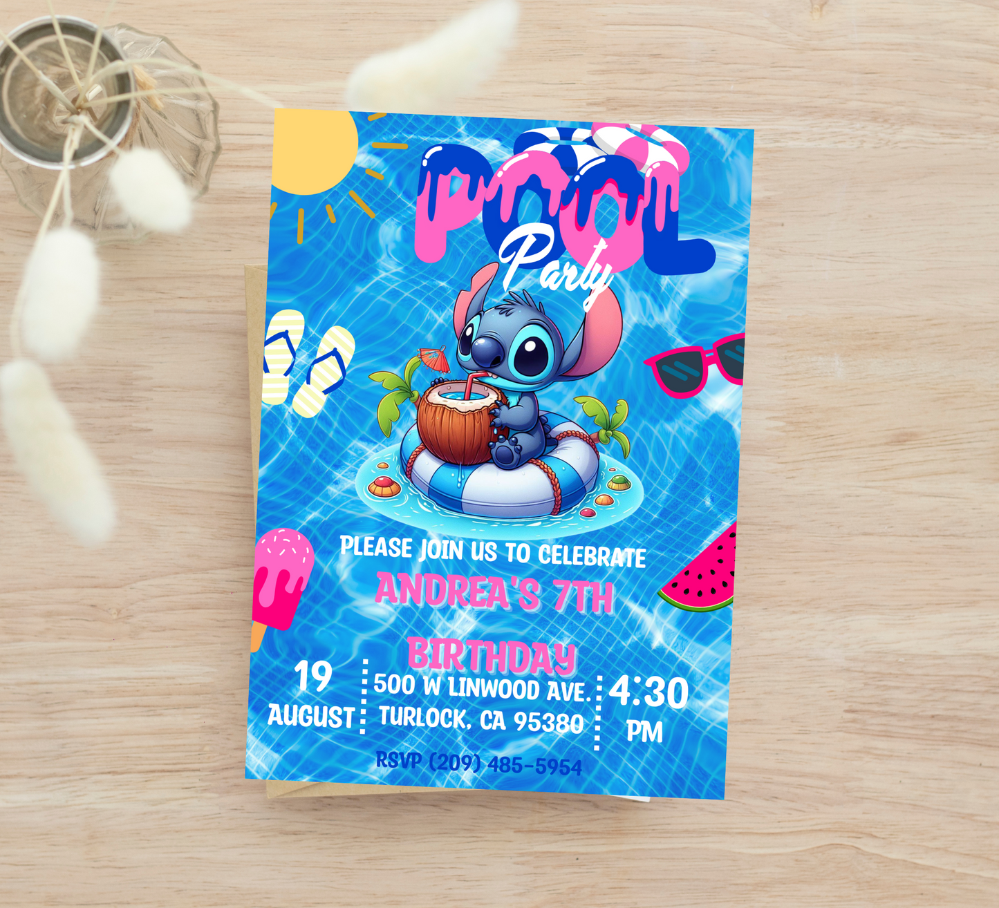 Stitch Pool Party Invitation - Customizable Stitch Birthday Invite - Hawaiian Pool Bash - Digital Download