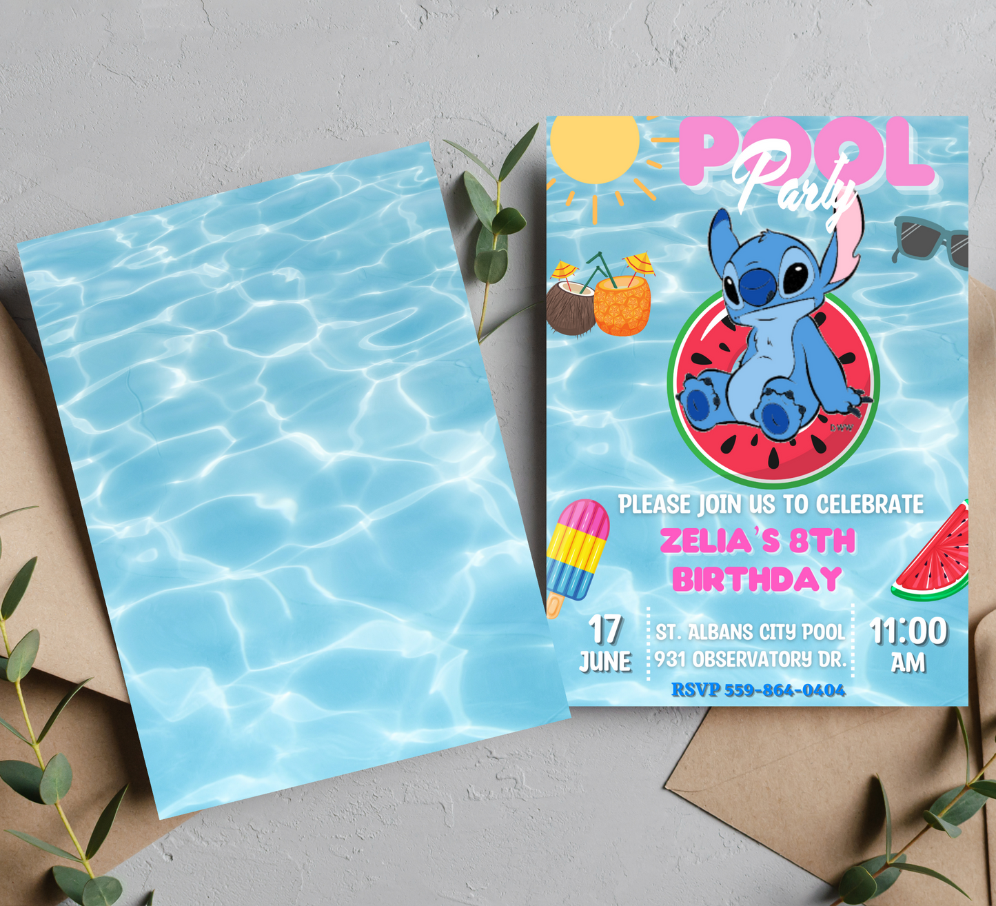 Stitch Pool Birthday Watermelon Invitation with Birthday Card Set | Tropical Celebration Duo