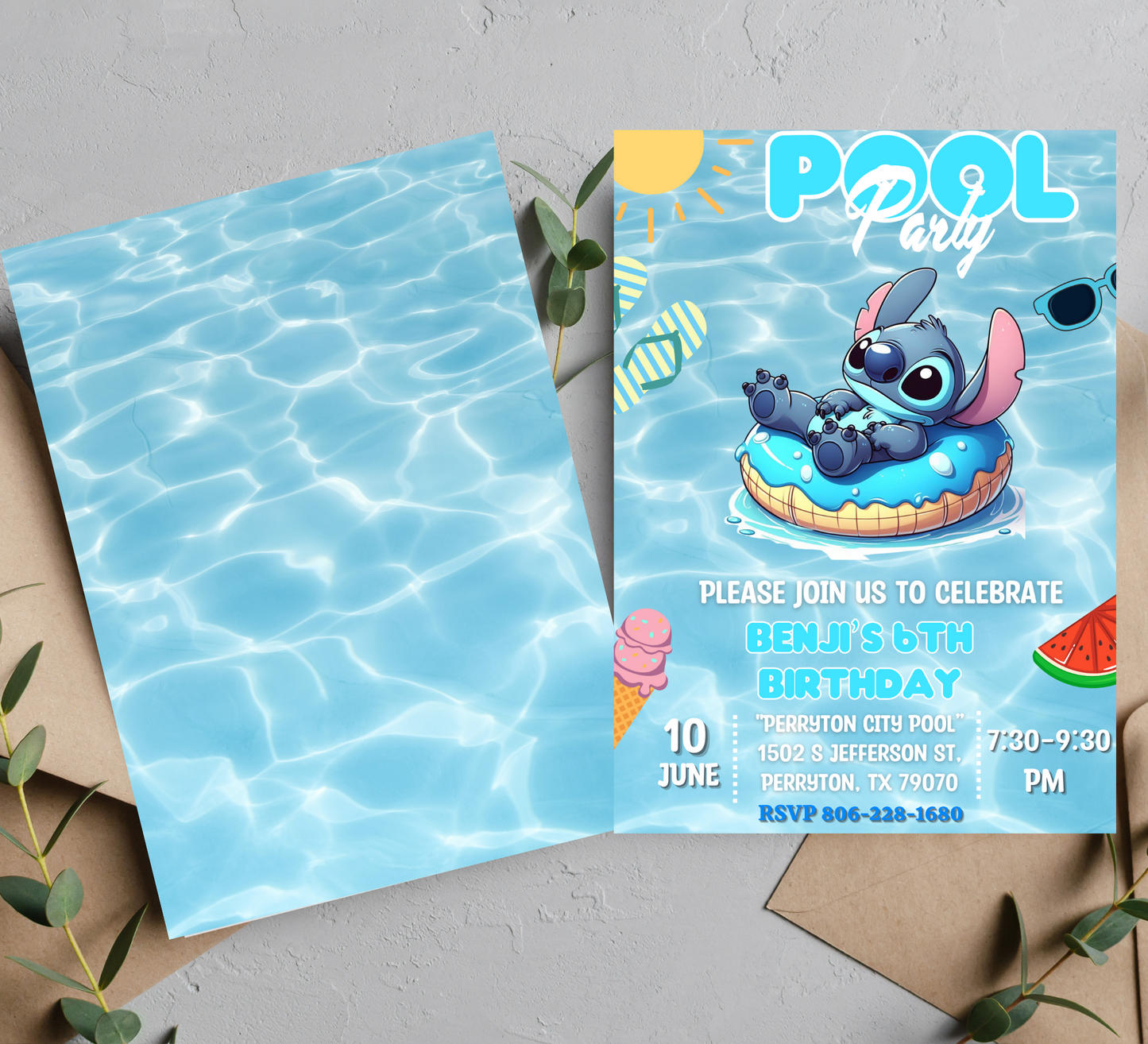 Stitch Pool Birthday Invitation - Fun Cartoon Style Lilo & Stitch Theme - Vibrant Tropical Celebration Invite