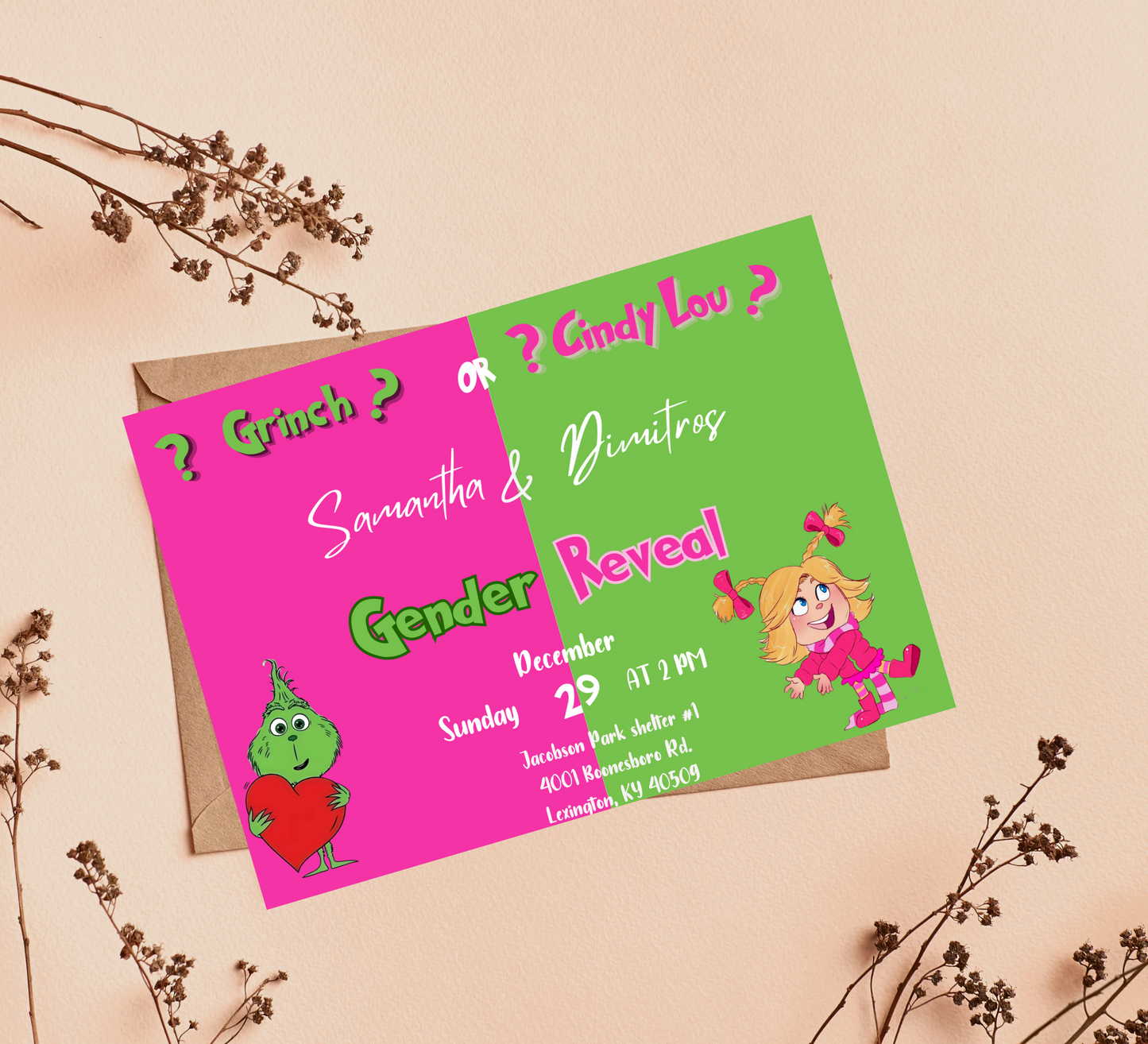 Cindy Lou Who Gender Reveal Invitation | Pink Green Baby Shower | Grinch Theme