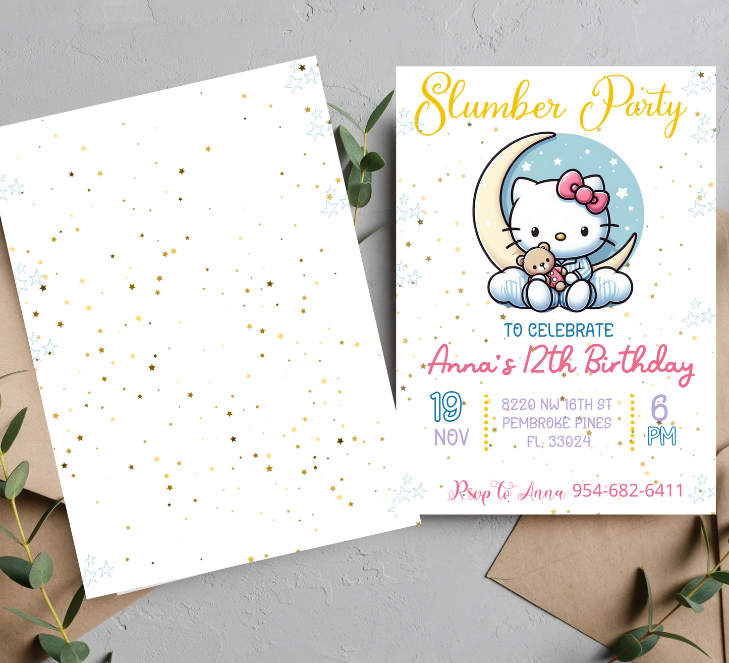 "Hello Kitty Slumber Party Invitation | Pink Pajama Sleepover Birthday Invite | Girls' Slumber Party Theme"