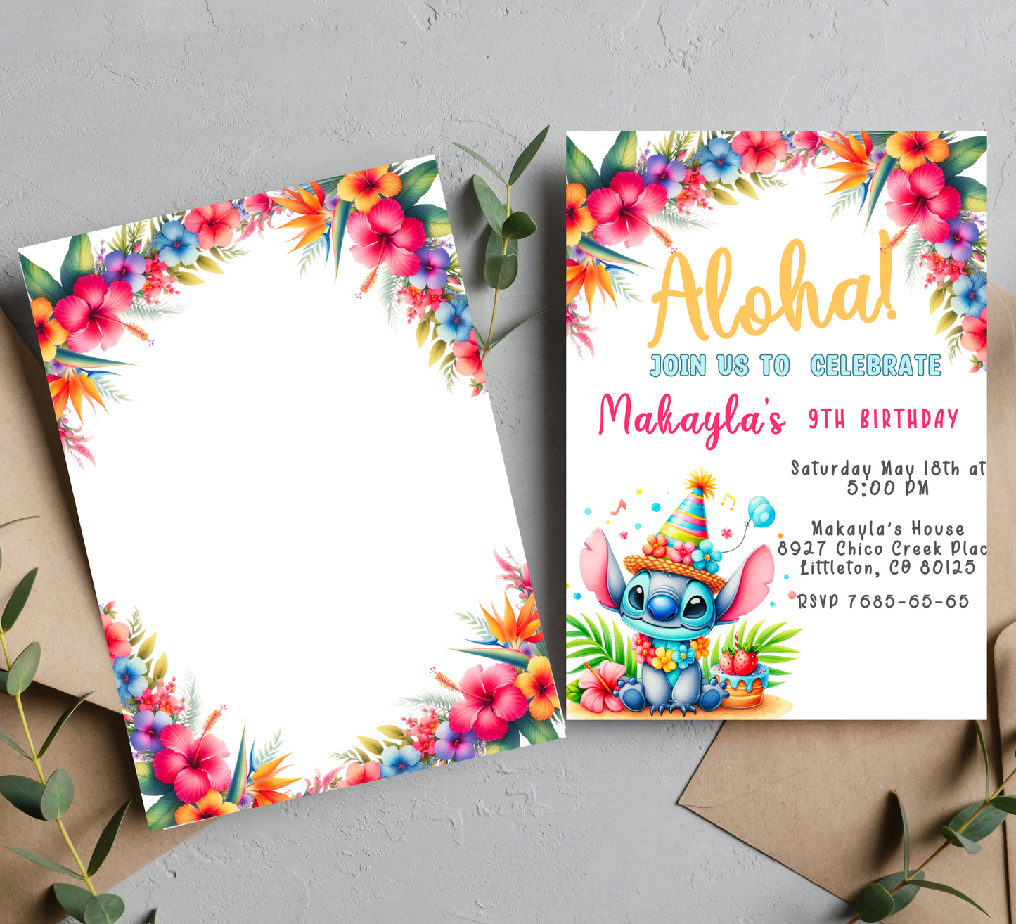 Aloha Ohana Stitch Tropical Hawaiian Birthday Invitation - Editable Digital Download"