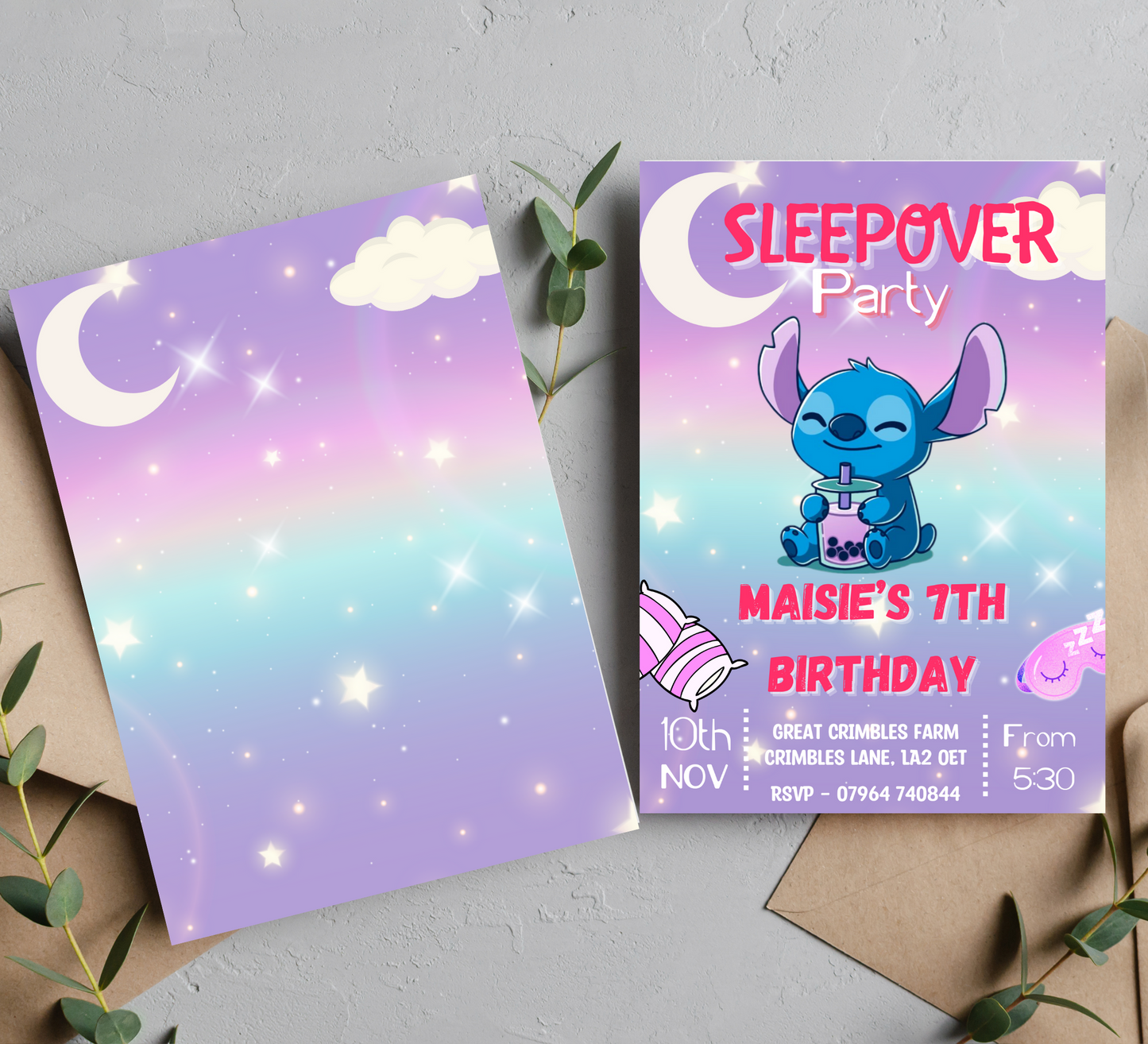 Stitch Sleepover Birthday Invitation | Bubble Tea Theme