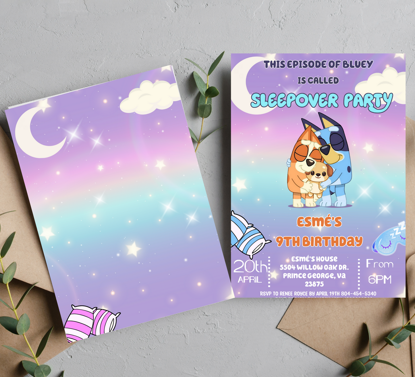 Bluey and Bingo Sleepover Birthday Party Invitation | Customizable Kids Slumber Party Invite