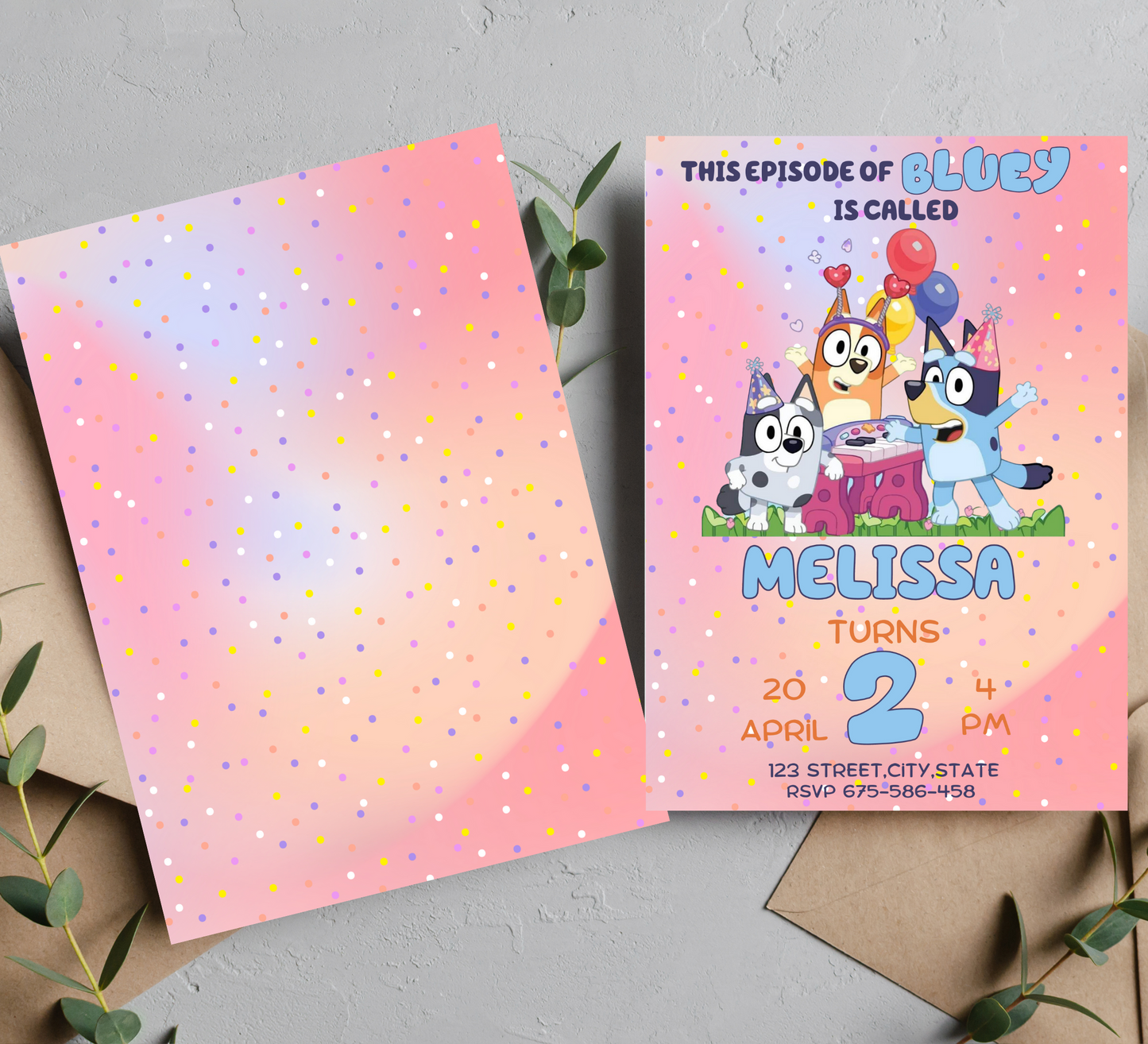 Bluey Pink Birthday Invitation - Custom Bluey and Bingo Birthday Invite - Personalized  Bluey Party Invitation