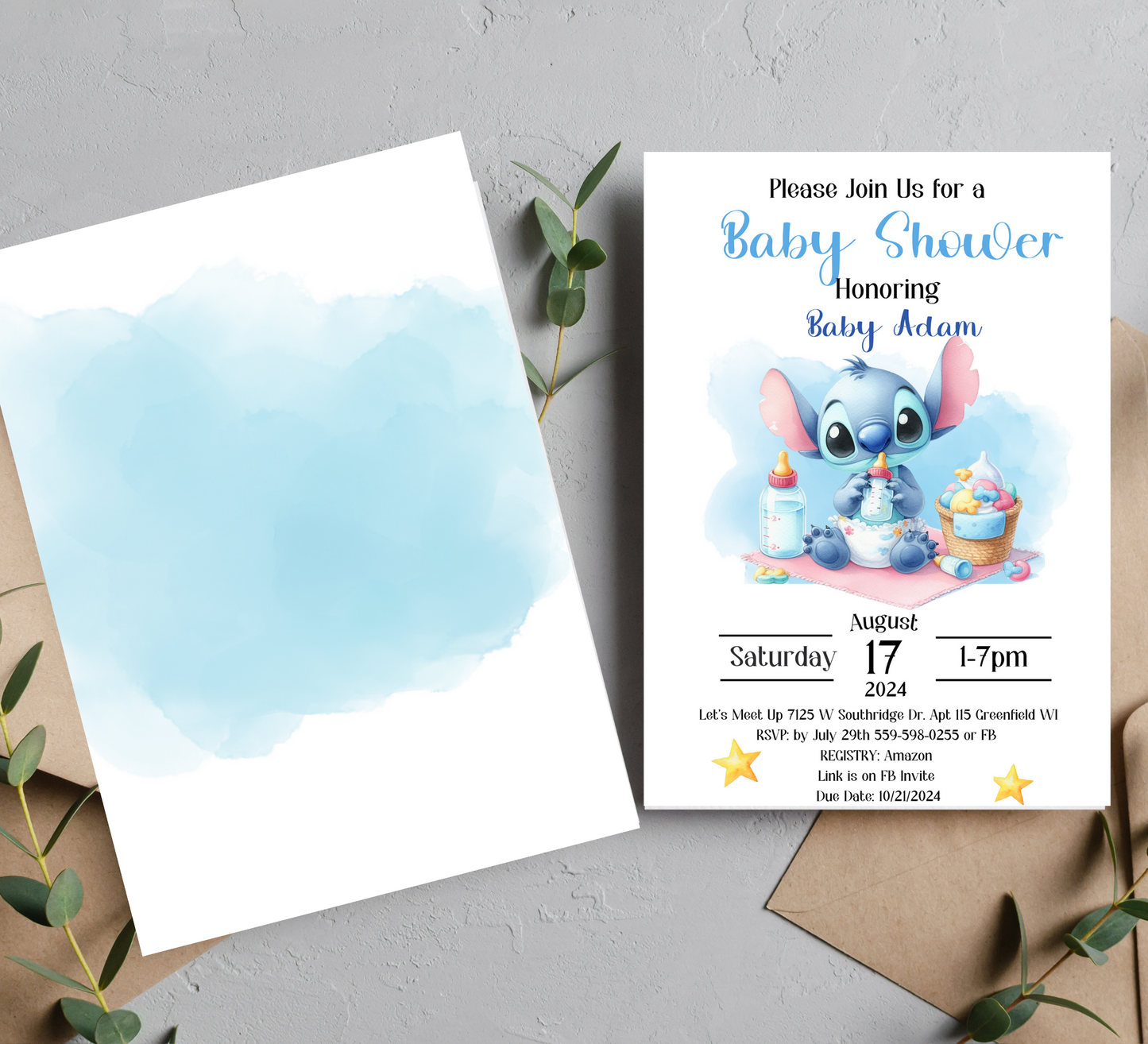 Stitch Watercolor Blue Baby Shower Invitation | Printable Canva Template