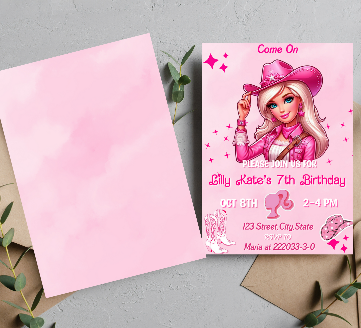 Barbie Cowgirl Pink Birthday Invitation: Western Theme Party Invite for Girls - Editable Template