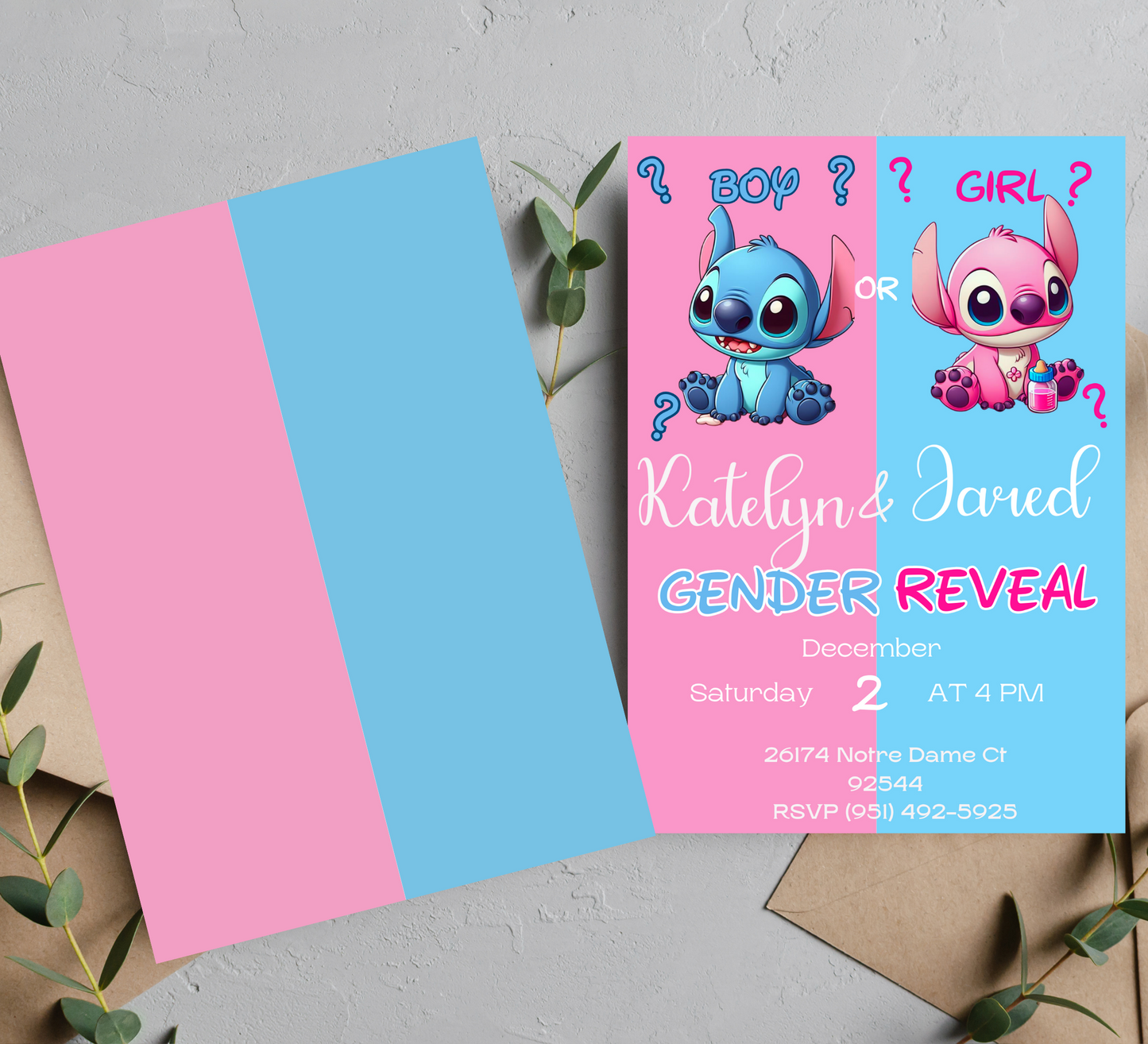 Stitch Gender Reveal Invitation: Pink and Blue Delight!"