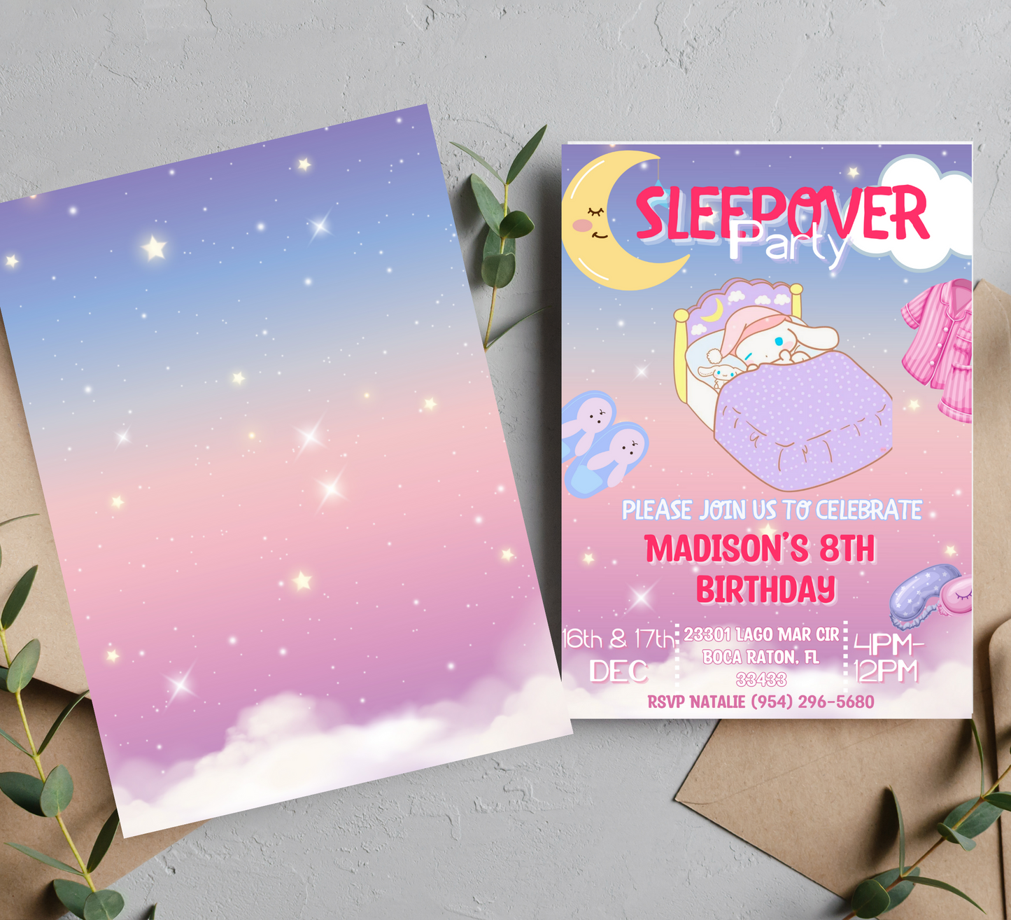 Cinnamoroll Sleepover Birthday Party Invitation for Girls, Hello Kitty and Friends Slumber Invite, Canva editable birthday Template, Cinnamon Roll Kawaii Party