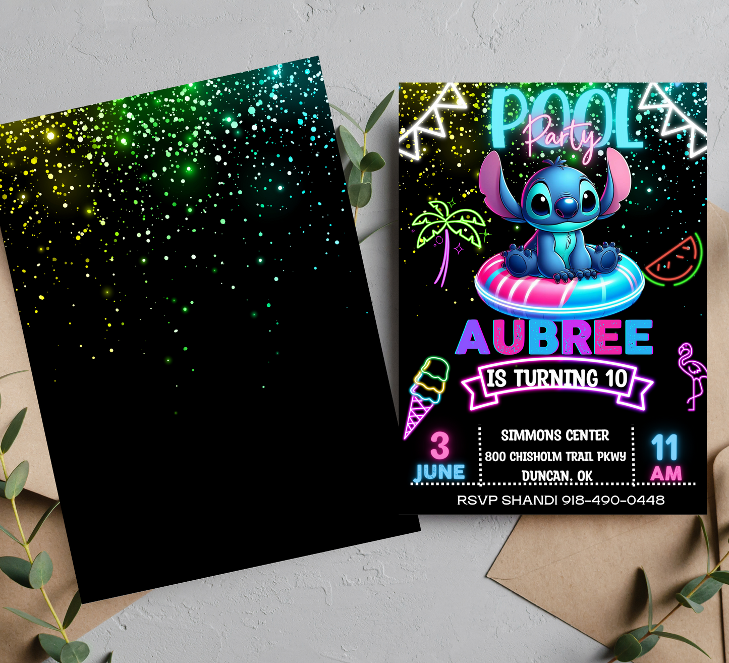 Stitch Neon Pool Birthday Invitation: Dive into Fun with Stitch in a Vibrant Poolside Celebration Under the Stars