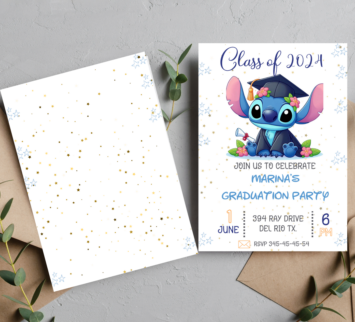 Stitch Graduation Celebration Invitation: Ohana's Grad Party - Customizable Hawaiian Theme