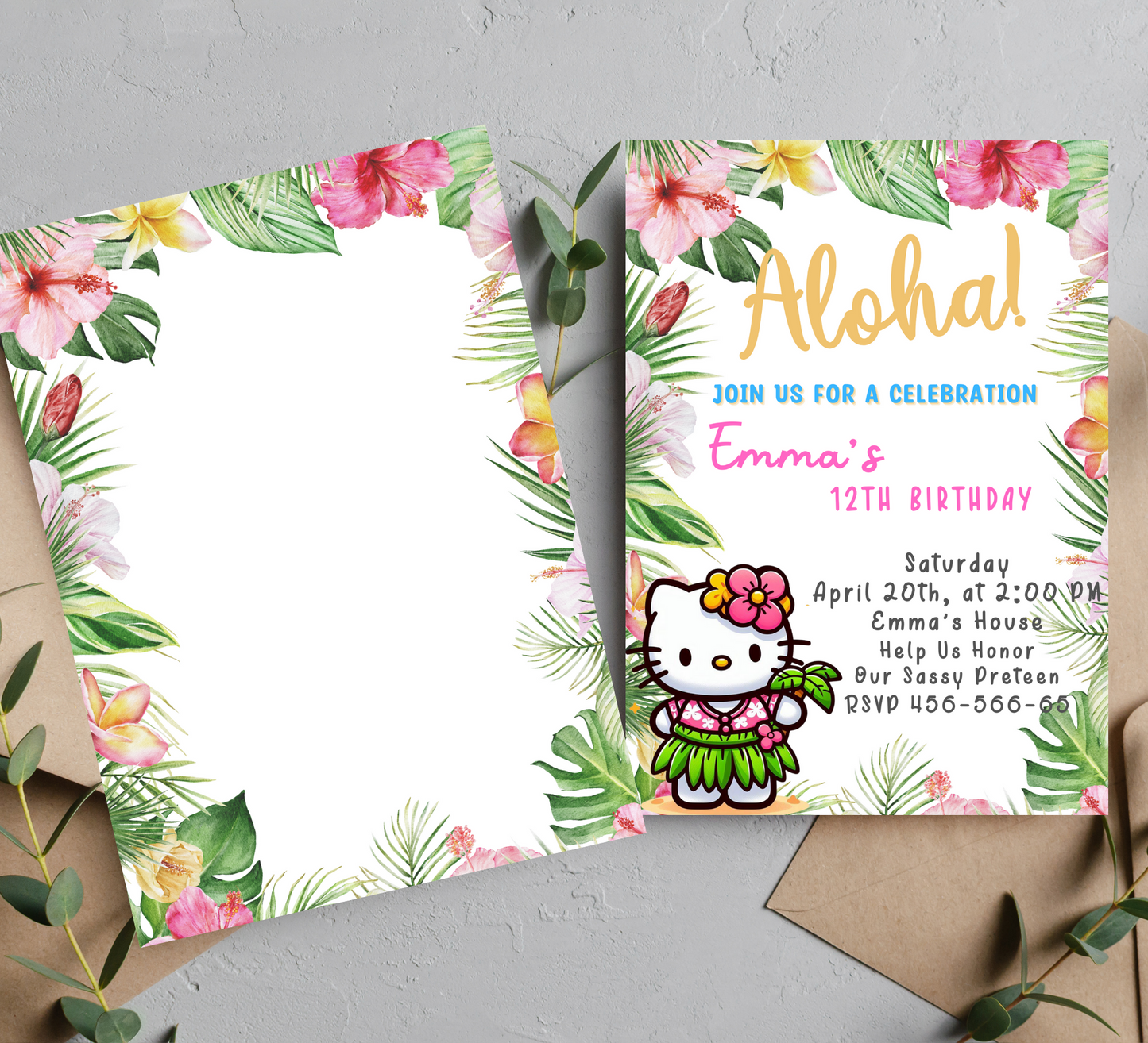 Aloha Ohana: Hello Kitty Tropical Hawaiian Birthday Invitation for a Hawiian Luau Celebration