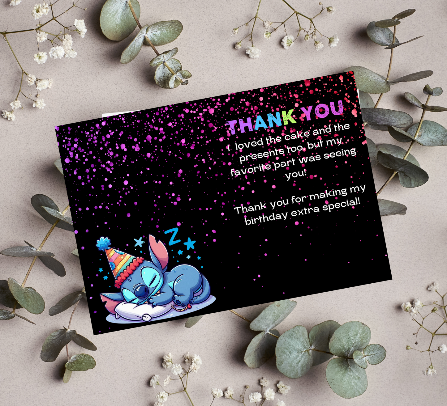 Stitch Sleepover Neon Birthday Thank You Card | Lilo and Stitch Party Appreciation Note | Vibrant and Fun Sleepover Theme