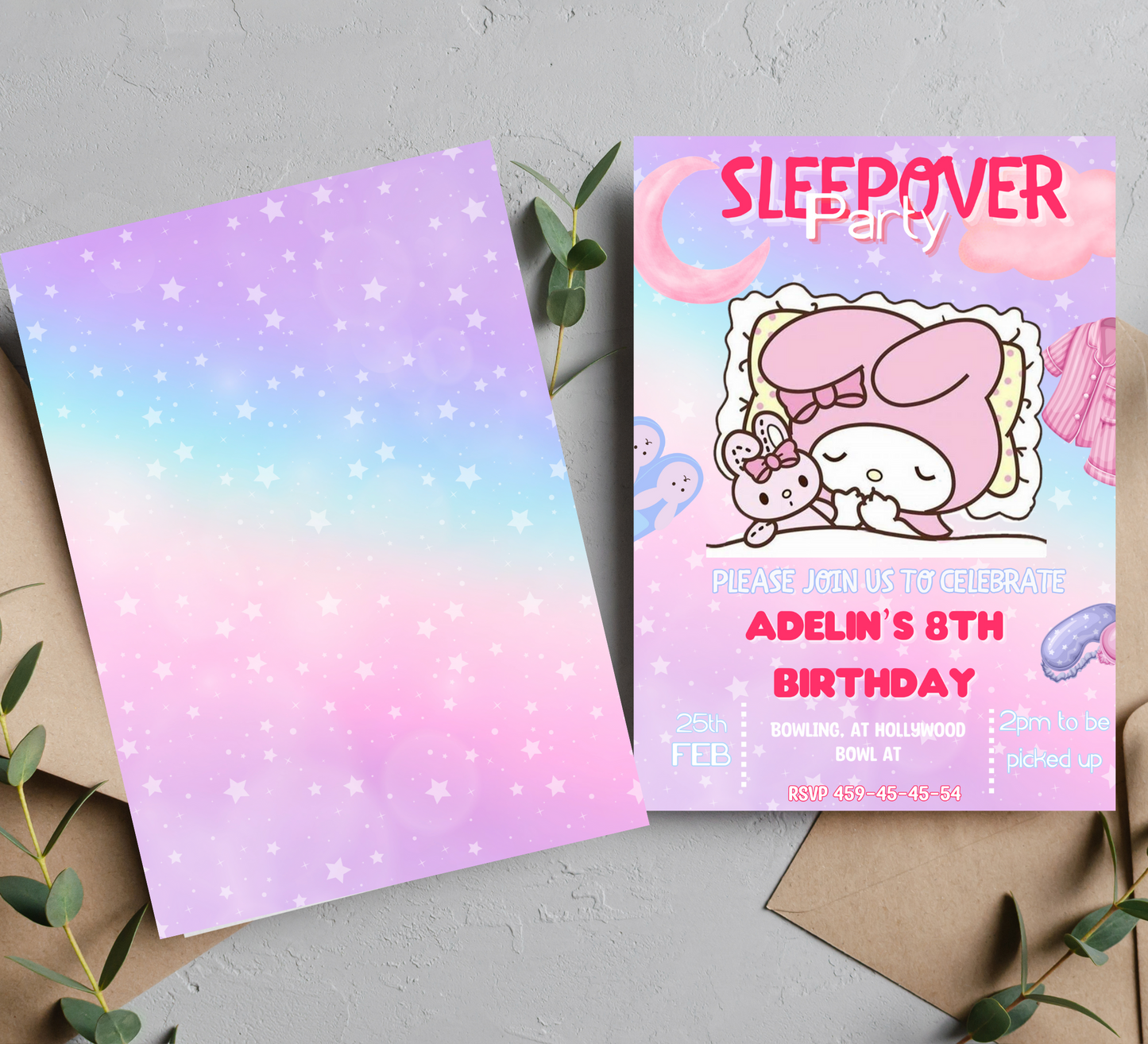 "My Melody Kawaii Sleepover Birthday Invitation - Pink and White Bunny Theme - Editable Digital Download"