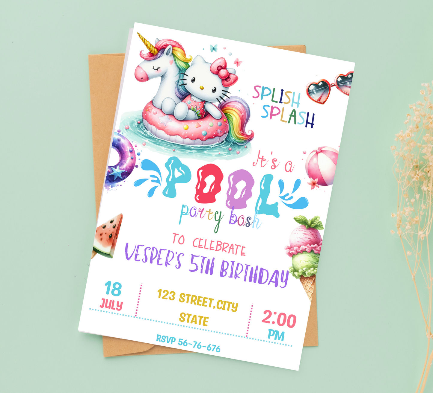 Editable Hello Kitty Watercolor Pool Party Unicorn Invitation - Canva Template