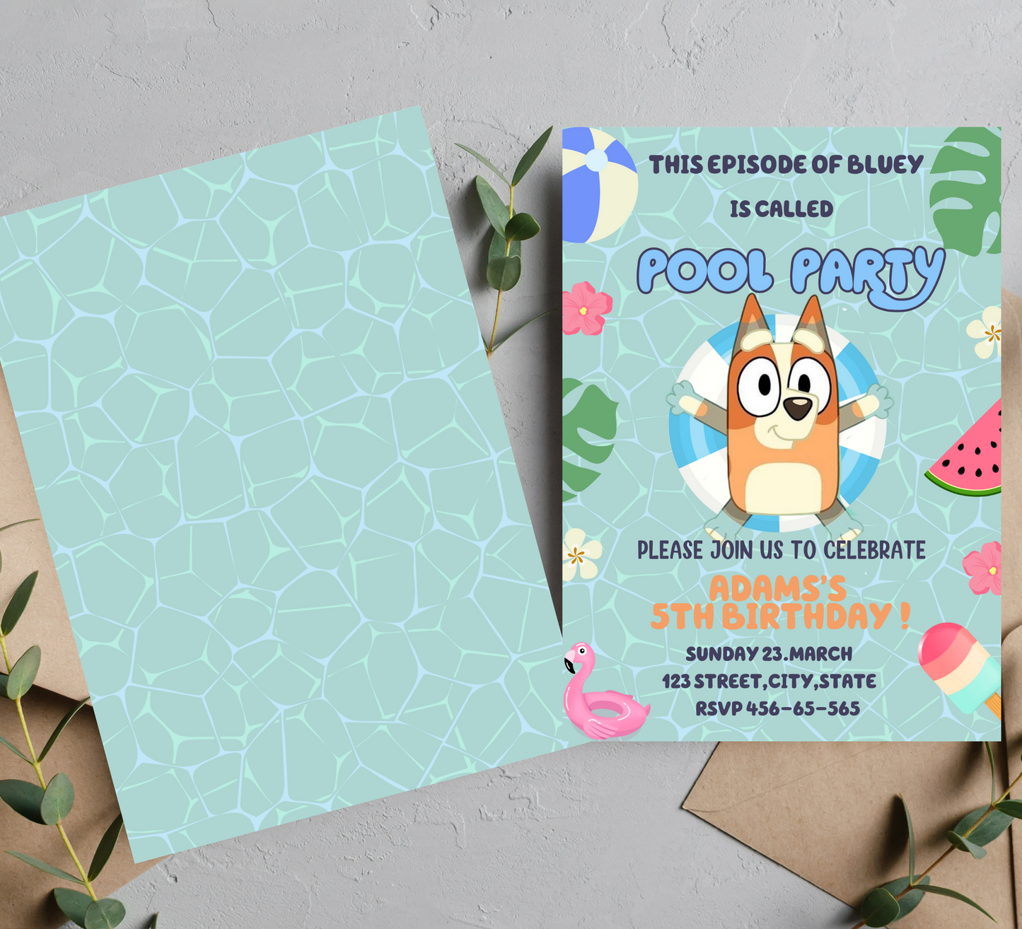 Bluey Pool Birthday Bash: Bluey & Bingo Puppy Invitation for a Splash-tastic Celebration!