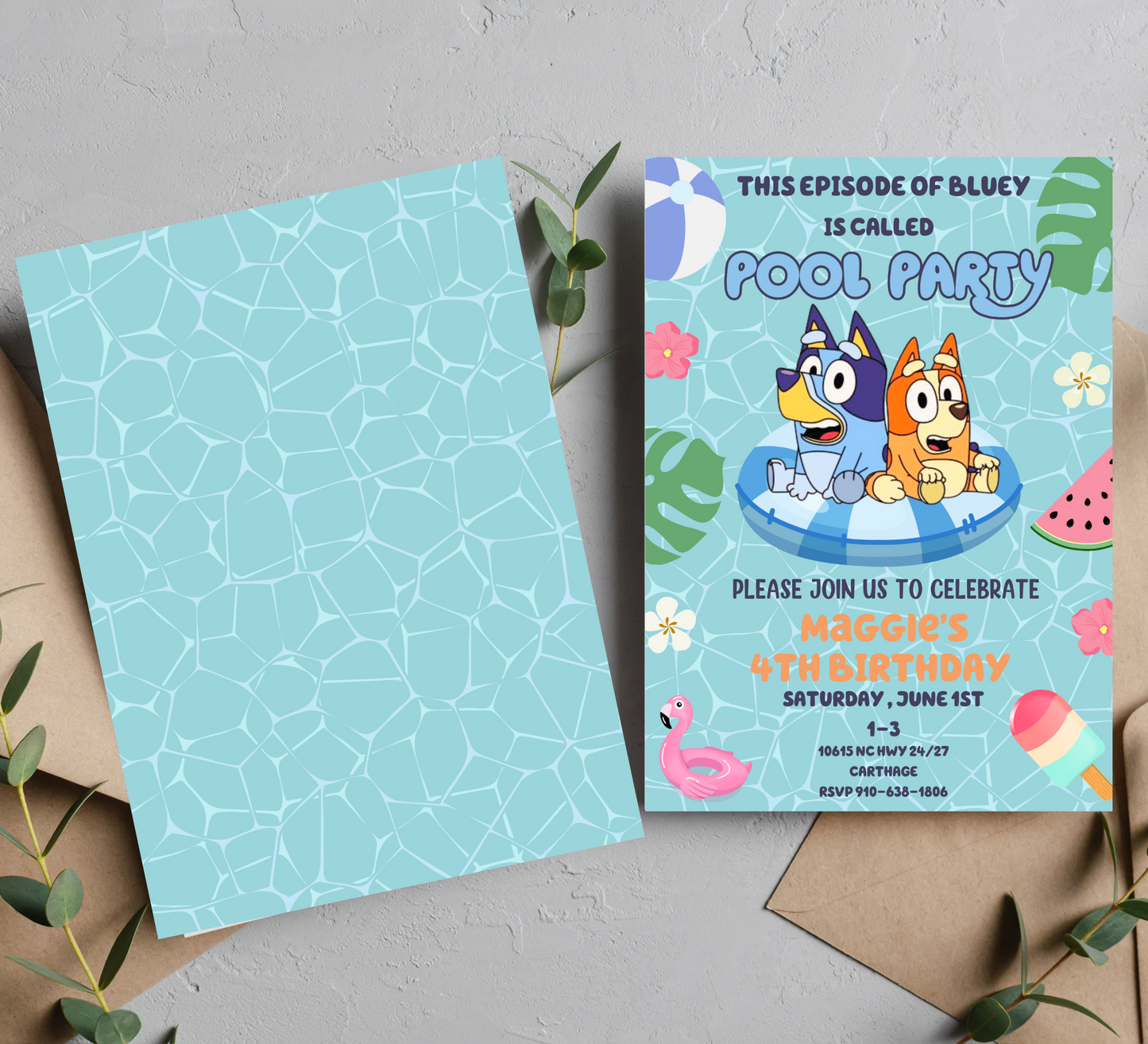 Bluey Bingo Pool Birthday Invitation - Customizable Kids Party Invite