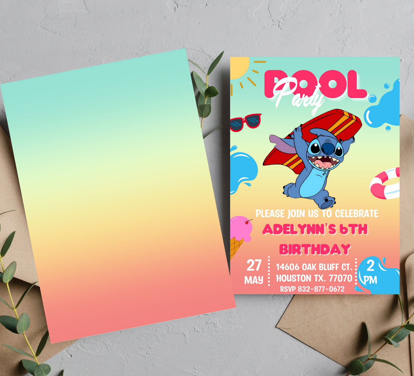 Stitch Pool Surf Birthday Invitation and Thank You Card Set | Tropical Celebration Duo