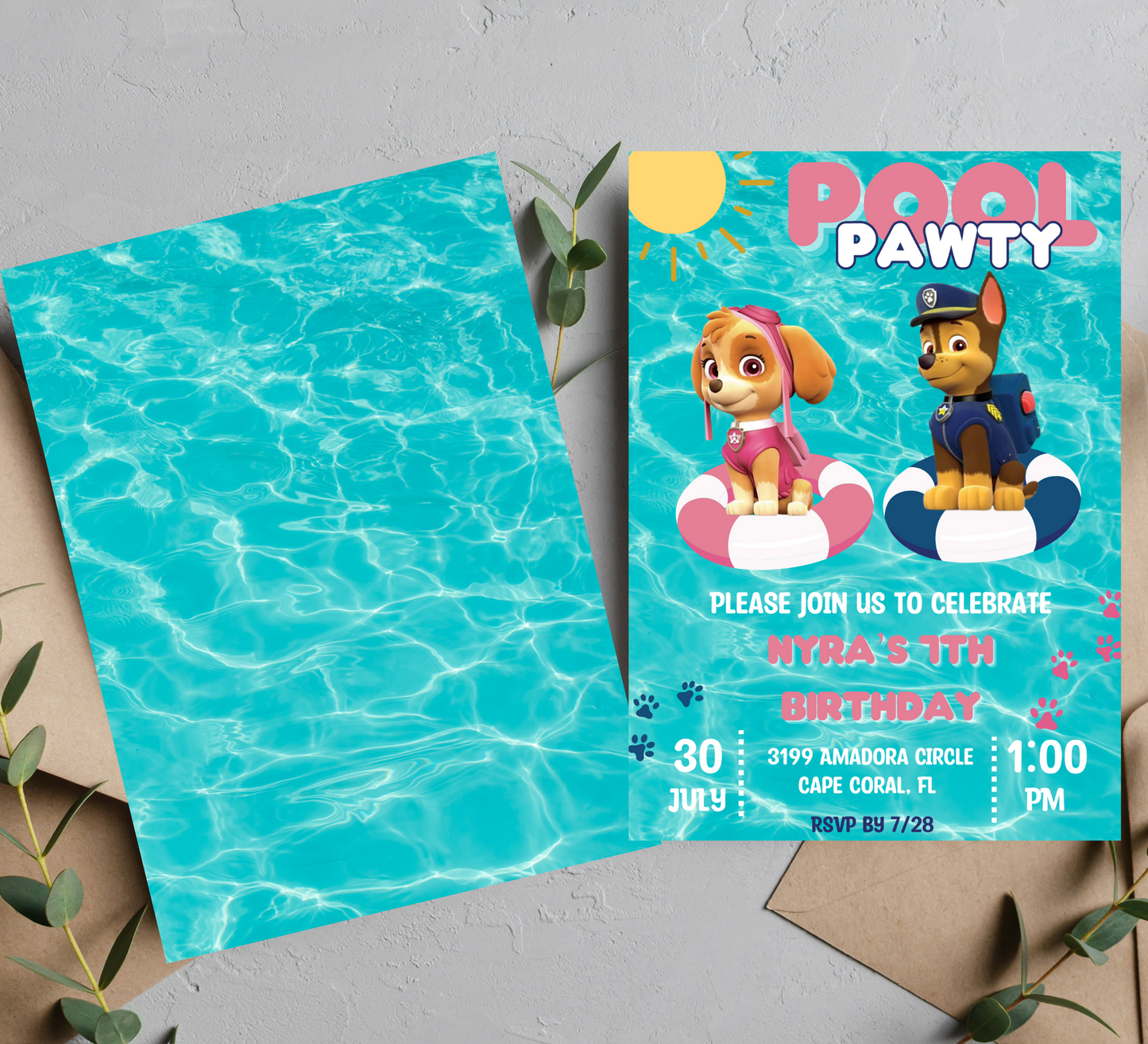 "Paw Patrol Pool Party Invitation: Skye, Chase, and Friends Splash into Fun Birthday Celebration!