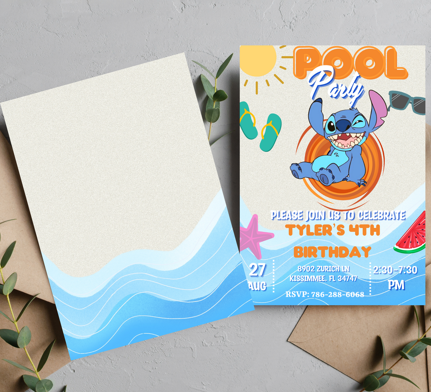 Stitch Pool Birthday Invitation | Orange Splash Theme