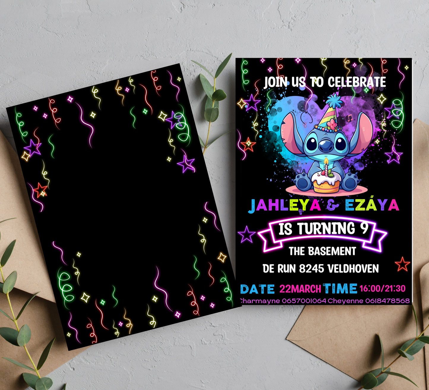 Stitch Neon Birthday Invitation | Lilo & Stitch Party Invite | Vibrant and Fun Celebration Theme