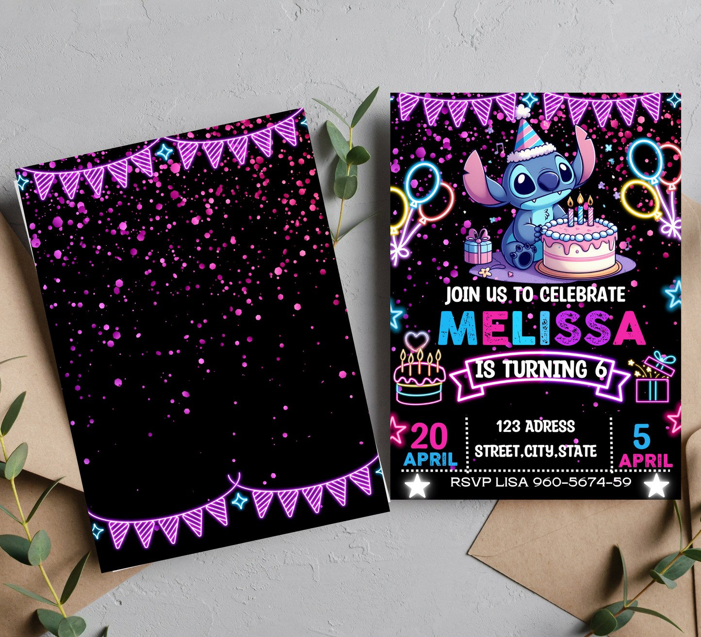 Stitch Neon Glow Birthday Invitation | Lilo & Stitch Party Invite | Customizable Digital Template