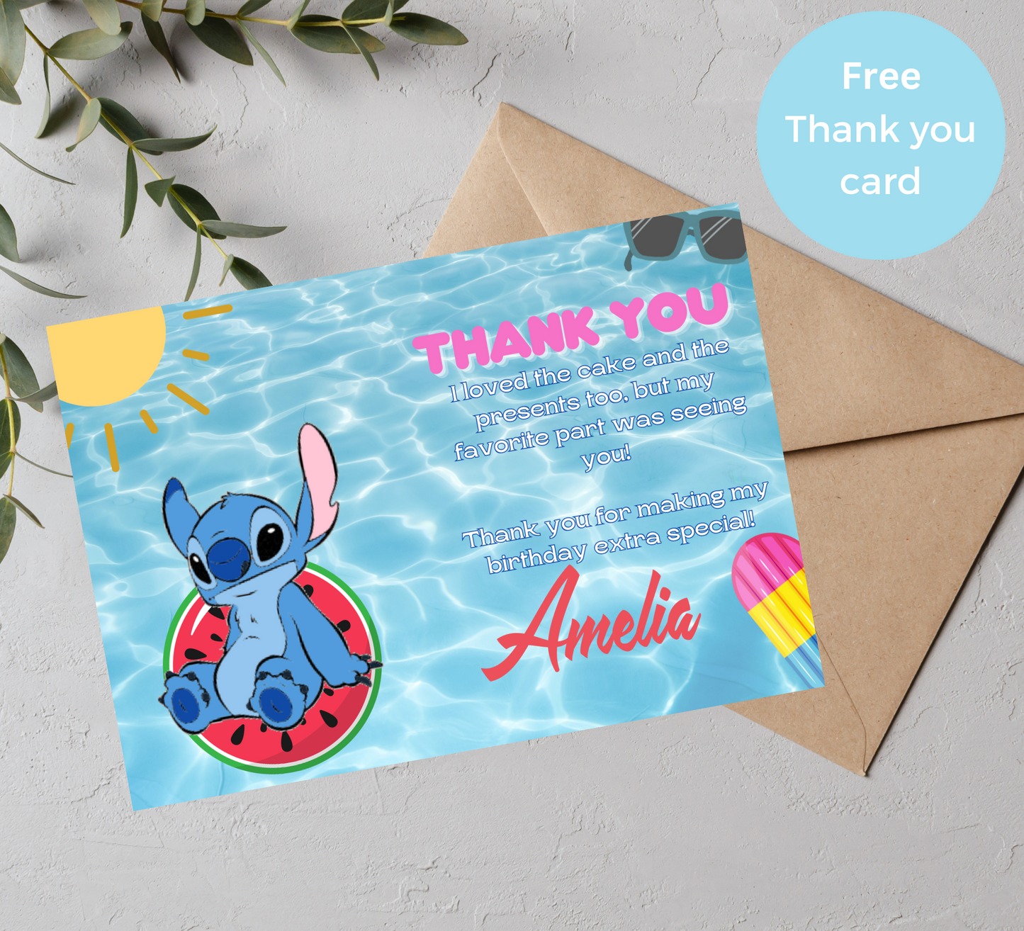 Stitch Pool Birthday Watermelon Invitation with Birthday Card Set | Tropical Celebration Duo