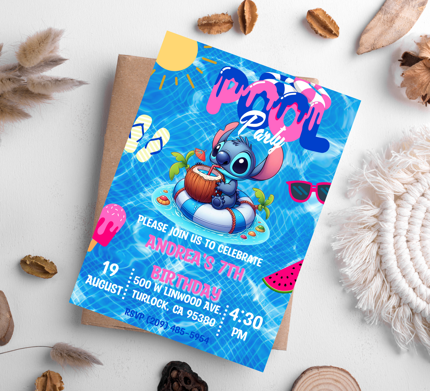 Stitch Pool Party Invitation - Customizable Stitch Birthday Invite - Hawaiian Pool Bash - Digital Download