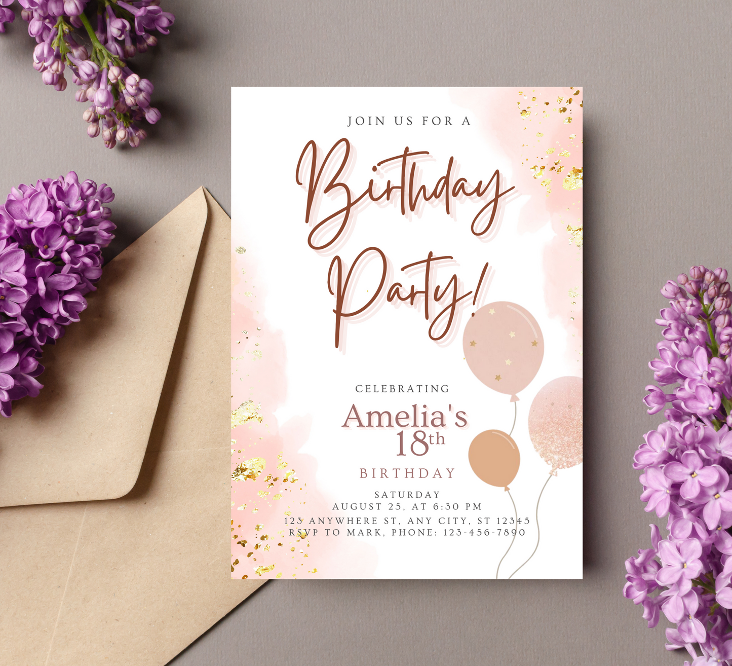 Chic Rose Gold Balloon Birthday Invitation: Elegant Celebration with Sparkling Accents