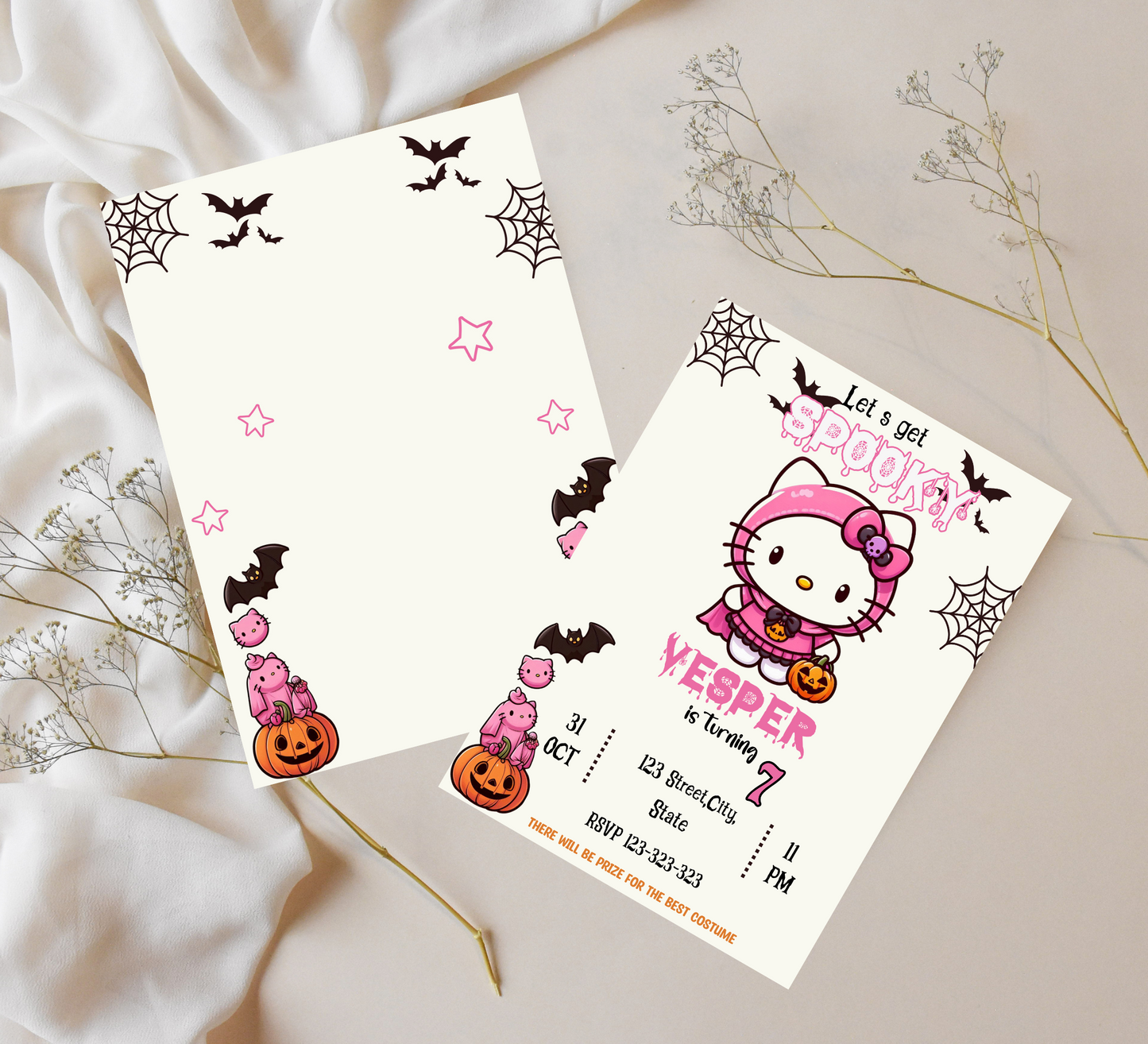 "Hello Kitty Pink Halloween Birthday Invitation - Customizable Digital Girls Party Invite