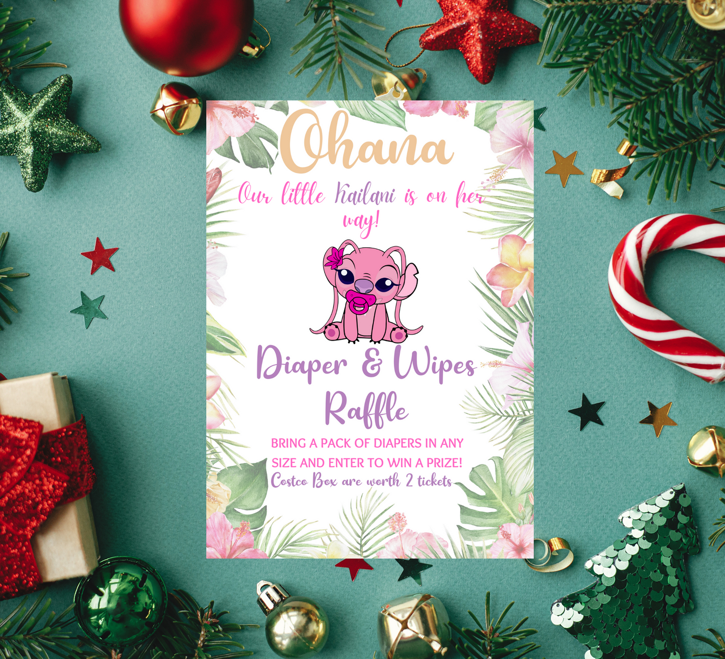 Aloha Ohana Stitch Baby Shower: Hawaiian Tropical Diaper Raffle Sign