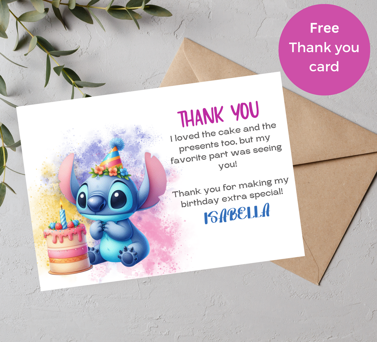 Editable Watercolour Stitch Birthday Invitation and Favor Tag Template, Canva Editable Birthday Invitation, Lilo Stitch Angel Birthday Party Invitation