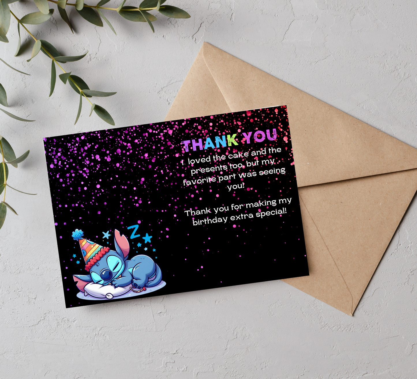 Stitch Sleepover Neon Birthday Thank You Card | Lilo and Stitch Party Appreciation Note | Vibrant and Fun Sleepover Theme