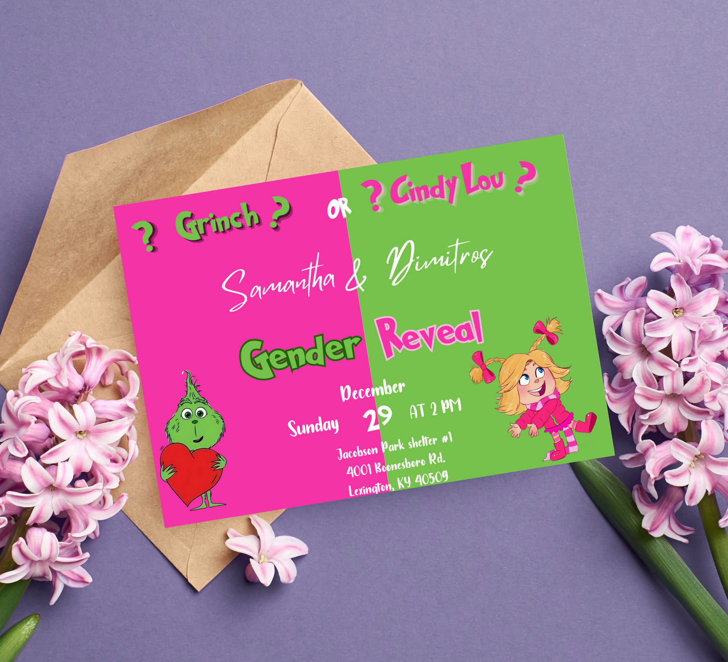 Cindy Lou Who Gender Reveal Invitation | Pink Green Baby Shower | Grinch Theme