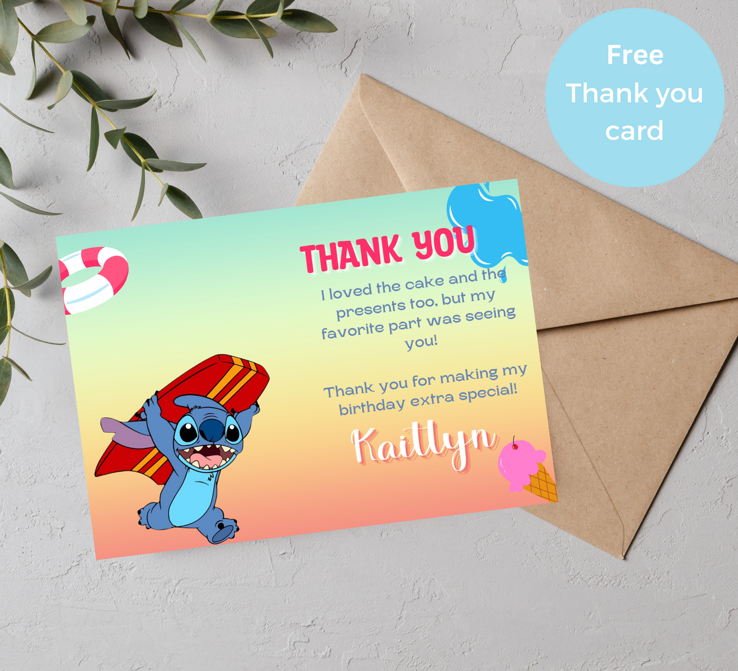 Stitch Pool Surf Birthday Invitation and Thank You Card Set | Tropical Celebration Duo