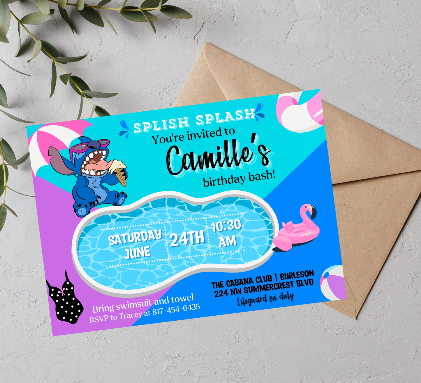 Stitch Pool Birthday Splash Party Invitation | Lilo Stitch Birthday Bash Celebration