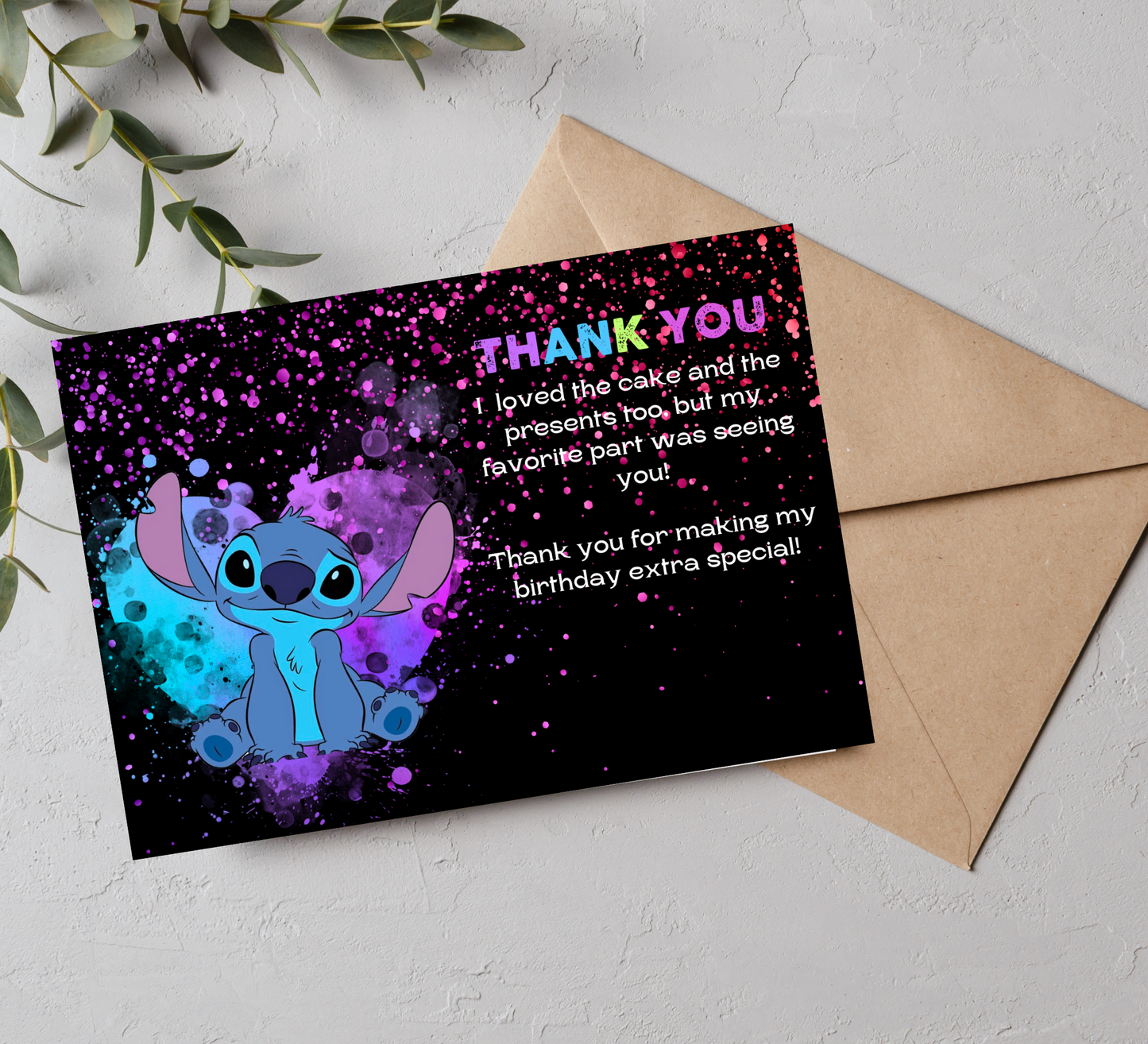 Stitch Neon Birthday Thank You Card | Lilo & Stitch Party Appreciation Note