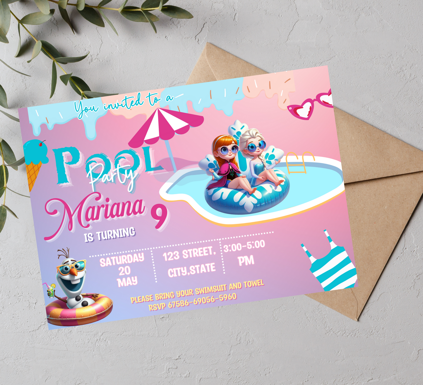 Chill with Elsa, Anna & Olaf: Frozen Pool Birthday Invitation, Magical Splash Party with Disney Friends