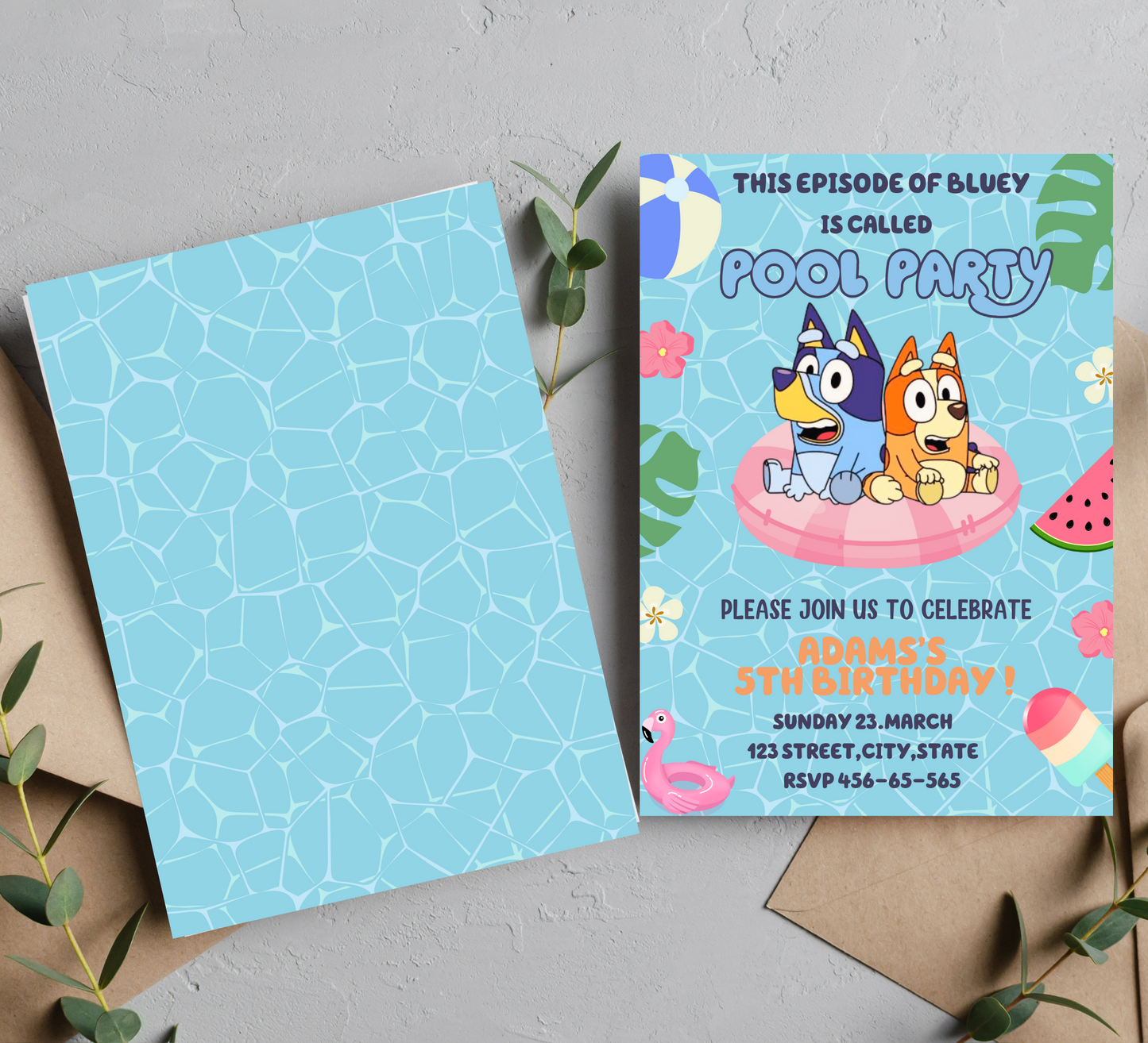 Bluey and Bingo Pool Party Birthday Invitation in Two Colors - Customizable Kids Invite