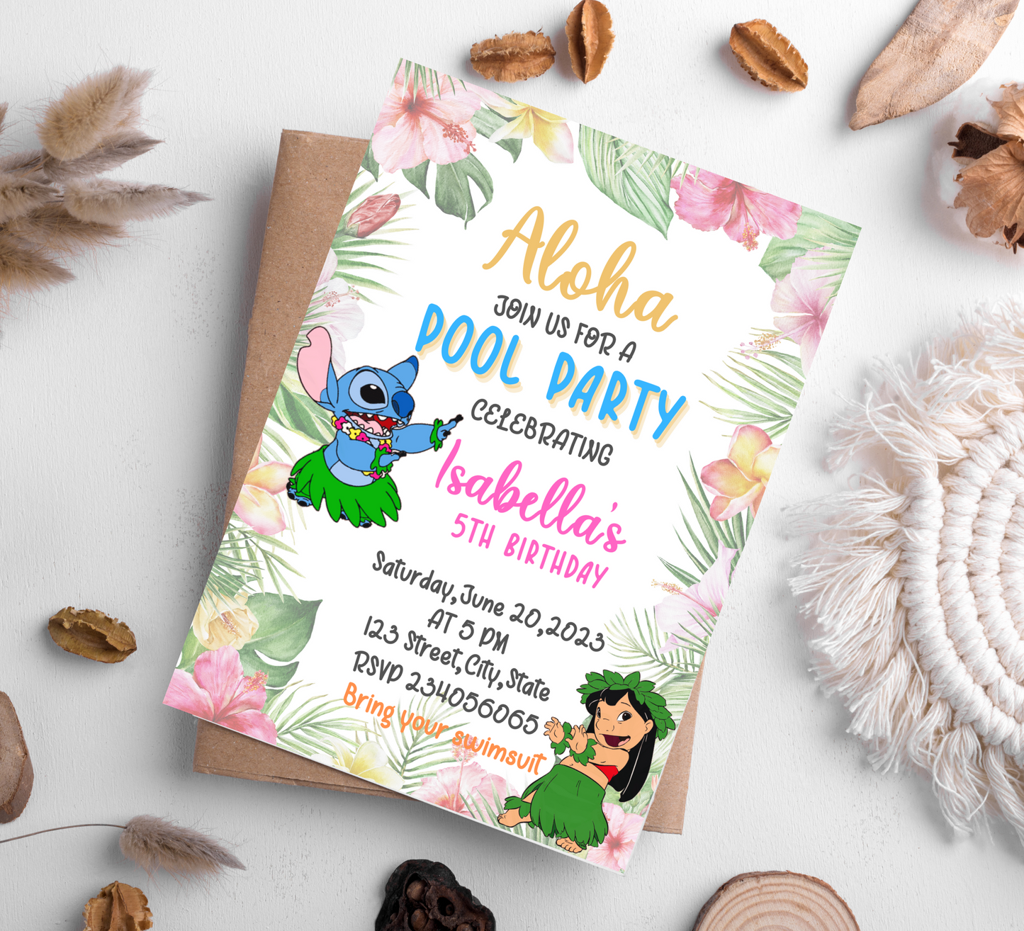 Aloha Stitch & Lilo Pool Party Birthday Invitation: Hawaiian Tropical Celebration with Stitch, Lilo, and Friends Under the Sun