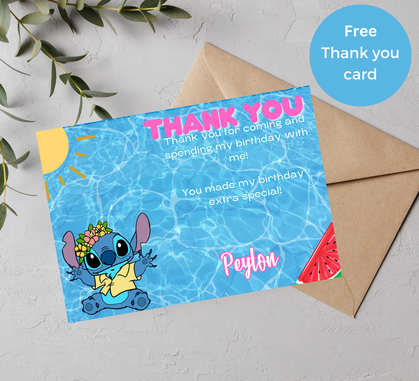 Stitch Pool Neon Hawaiian Birthday Invitation with Thank You Card Set | Tropical Celebration Duo