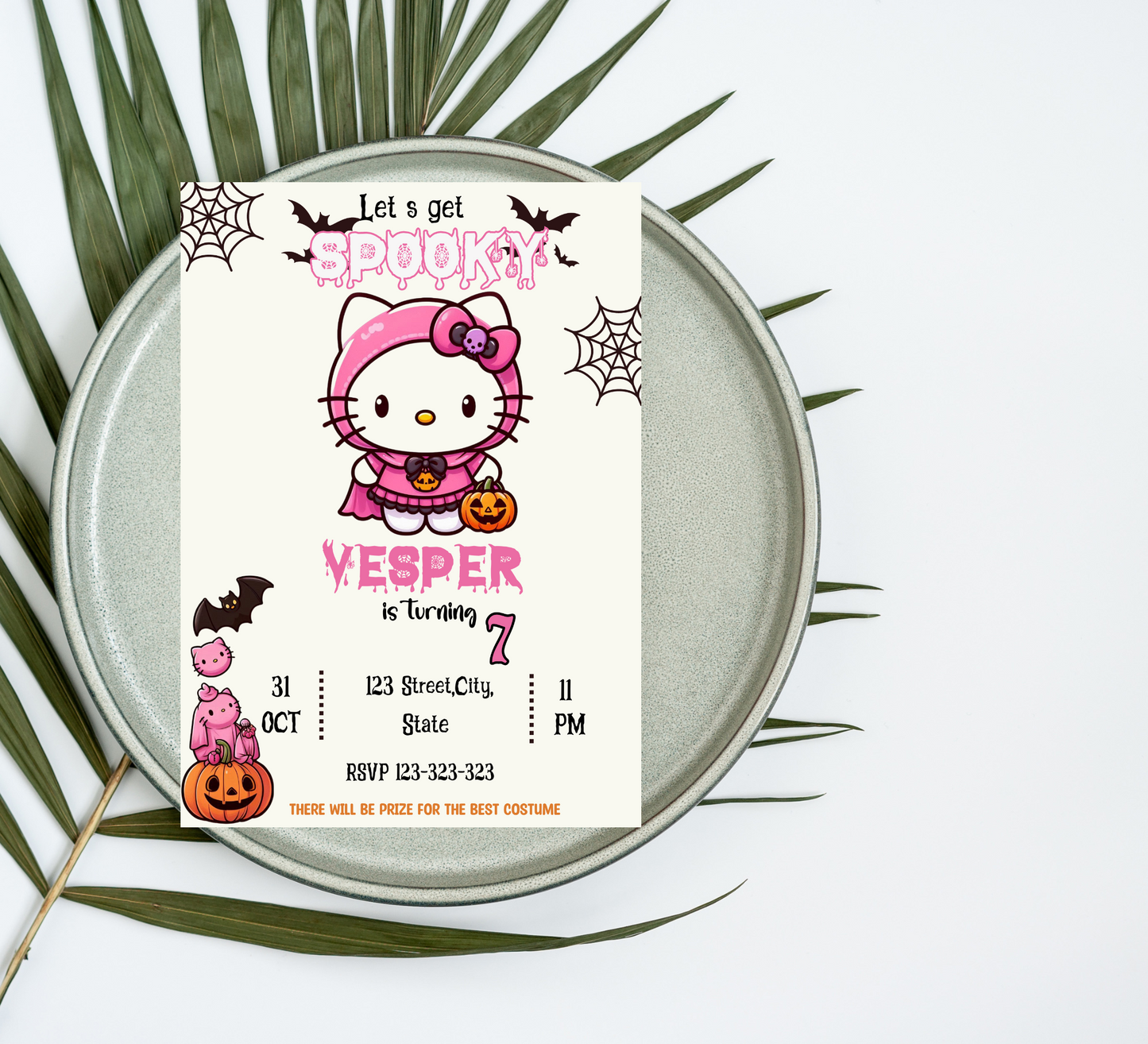 "Hello Kitty Pink Halloween Birthday Invitation - Customizable Digital Girls Party Invite