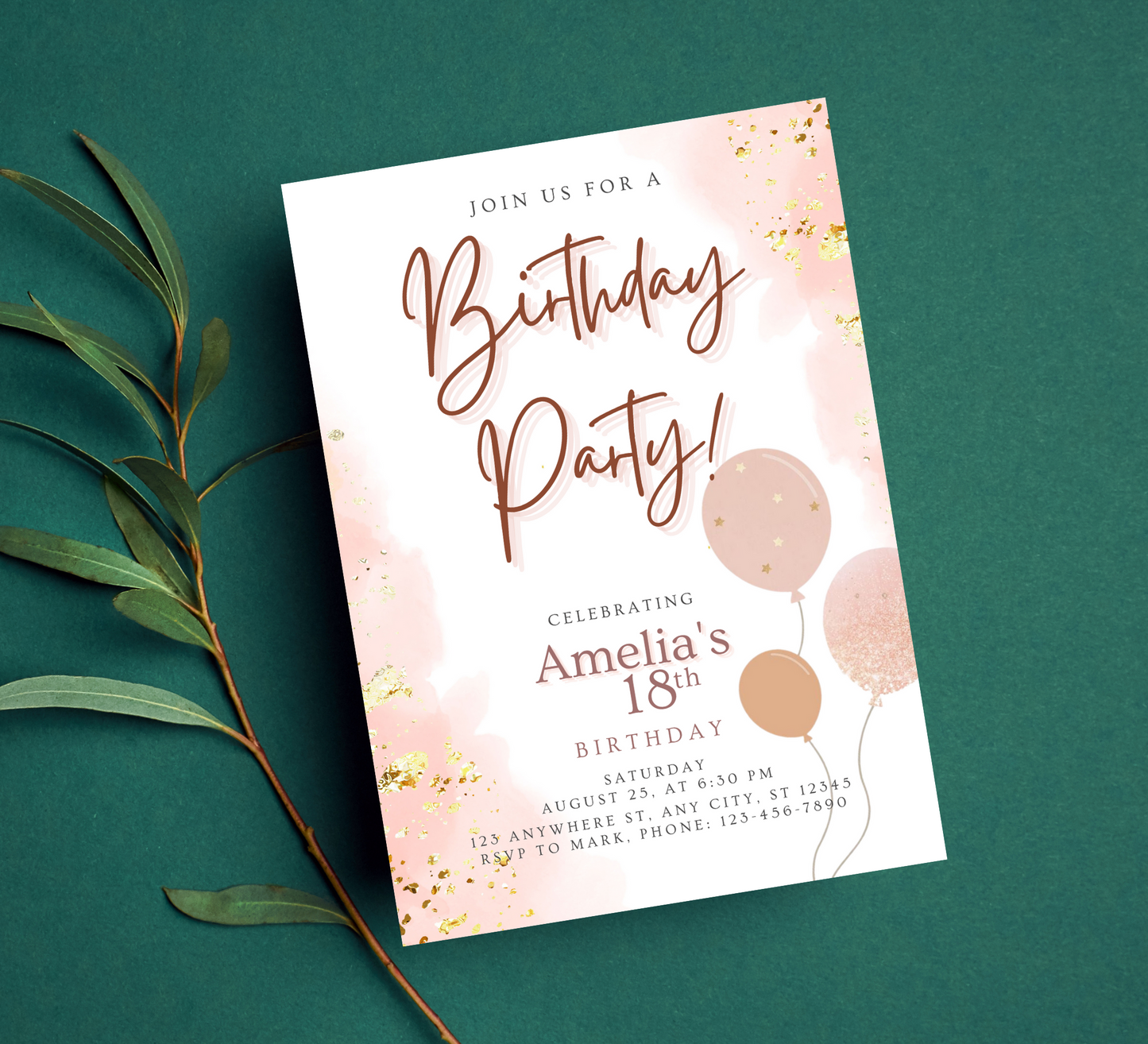 Chic Rose Gold Balloon Birthday Invitation: Elegant Celebration with Sparkling Accents