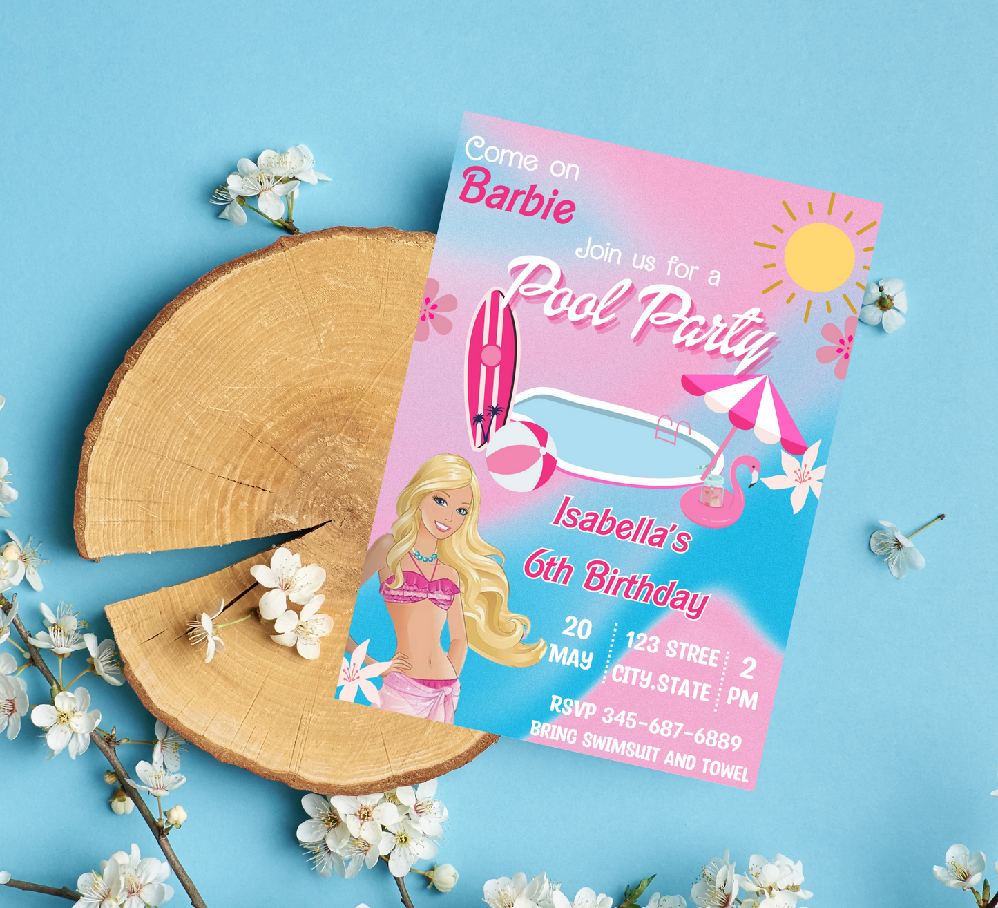 Barbie Pool Birthday Party Invitation - Pink Splash Celebration