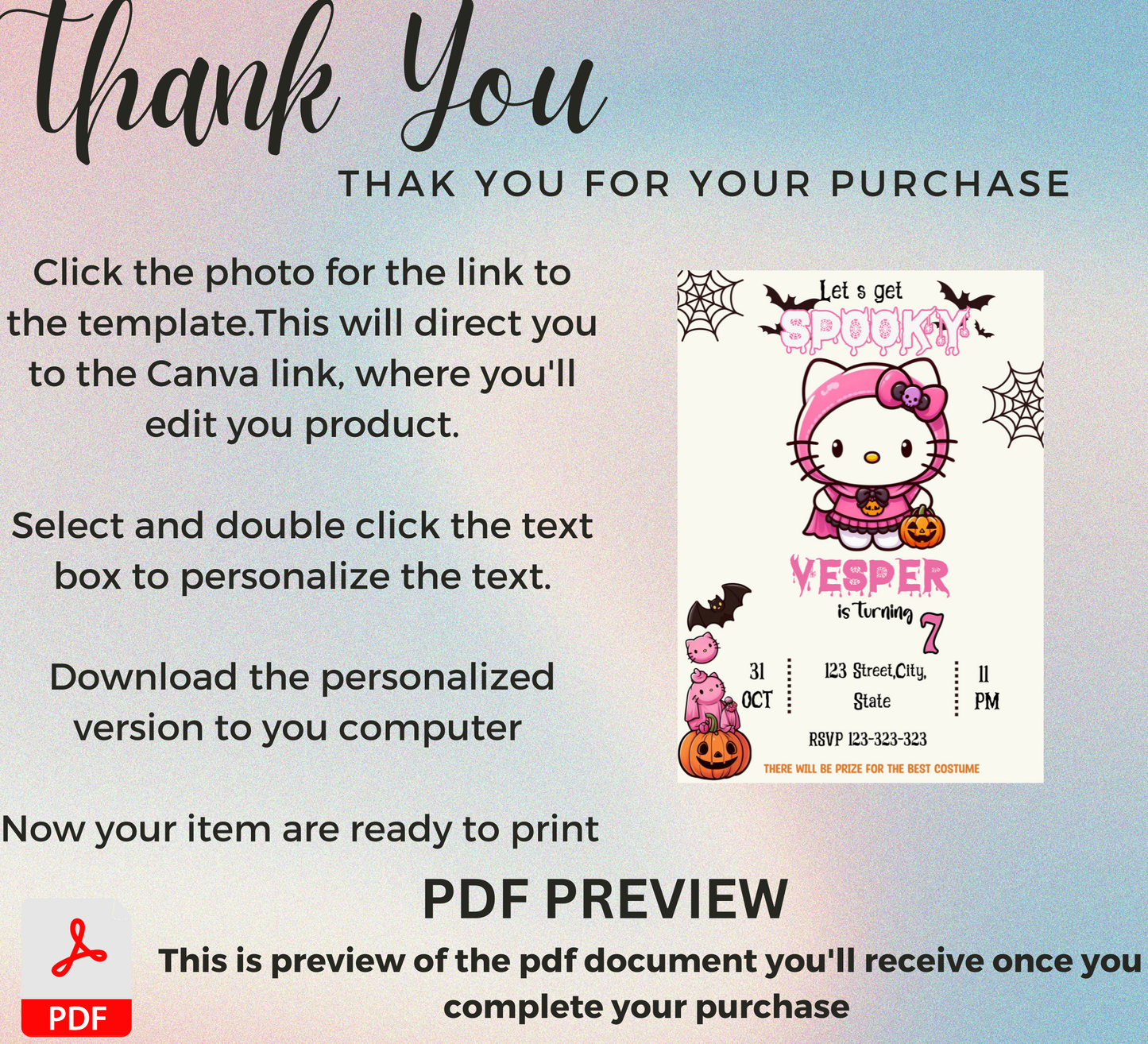 "Hello Kitty Pink Halloween Birthday Invitation - Customizable Digital Girls Party Invite