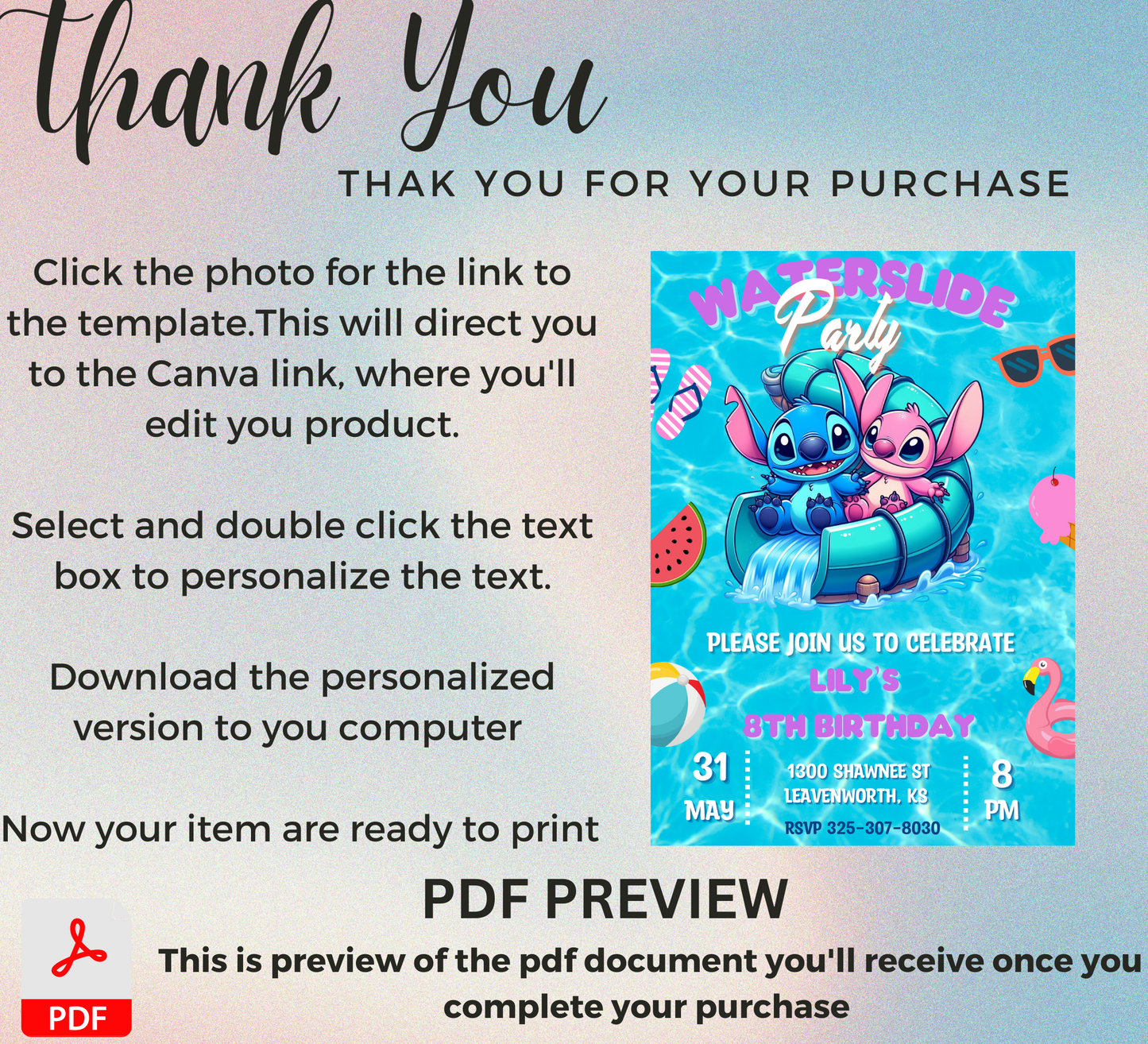 Stitch Waterslide Birthday Invitation | Stitch Pool Party Party Invitation | Instant Download | DIGITAL Editable Printable Invite