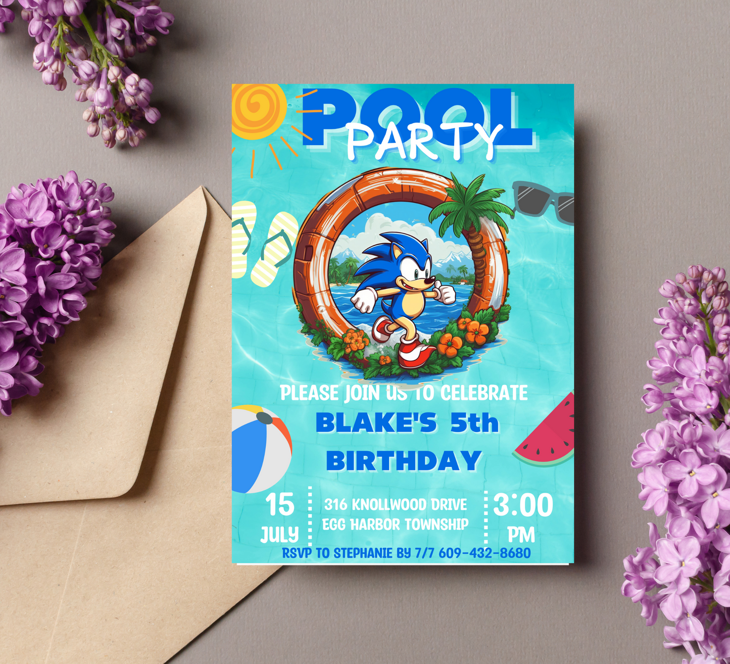 "Sonic the Hedgehog Pool Party Birthday Invitation | Sonic Splash Bash | Kids Summer Celebration Invite"