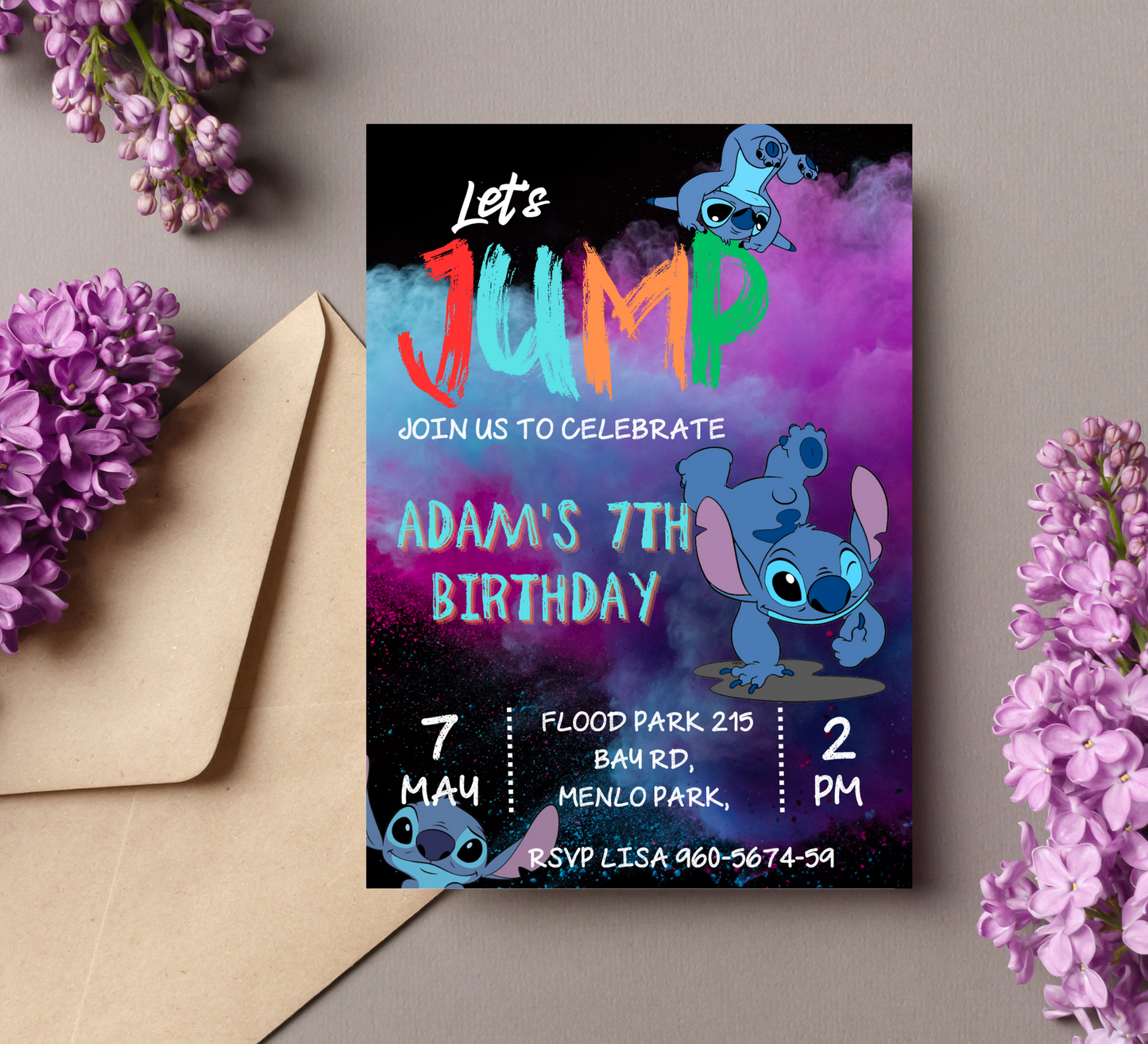 "Stitch Jump Birthday Invitation and Thank You Card Set - Adventure with Stitch Theme