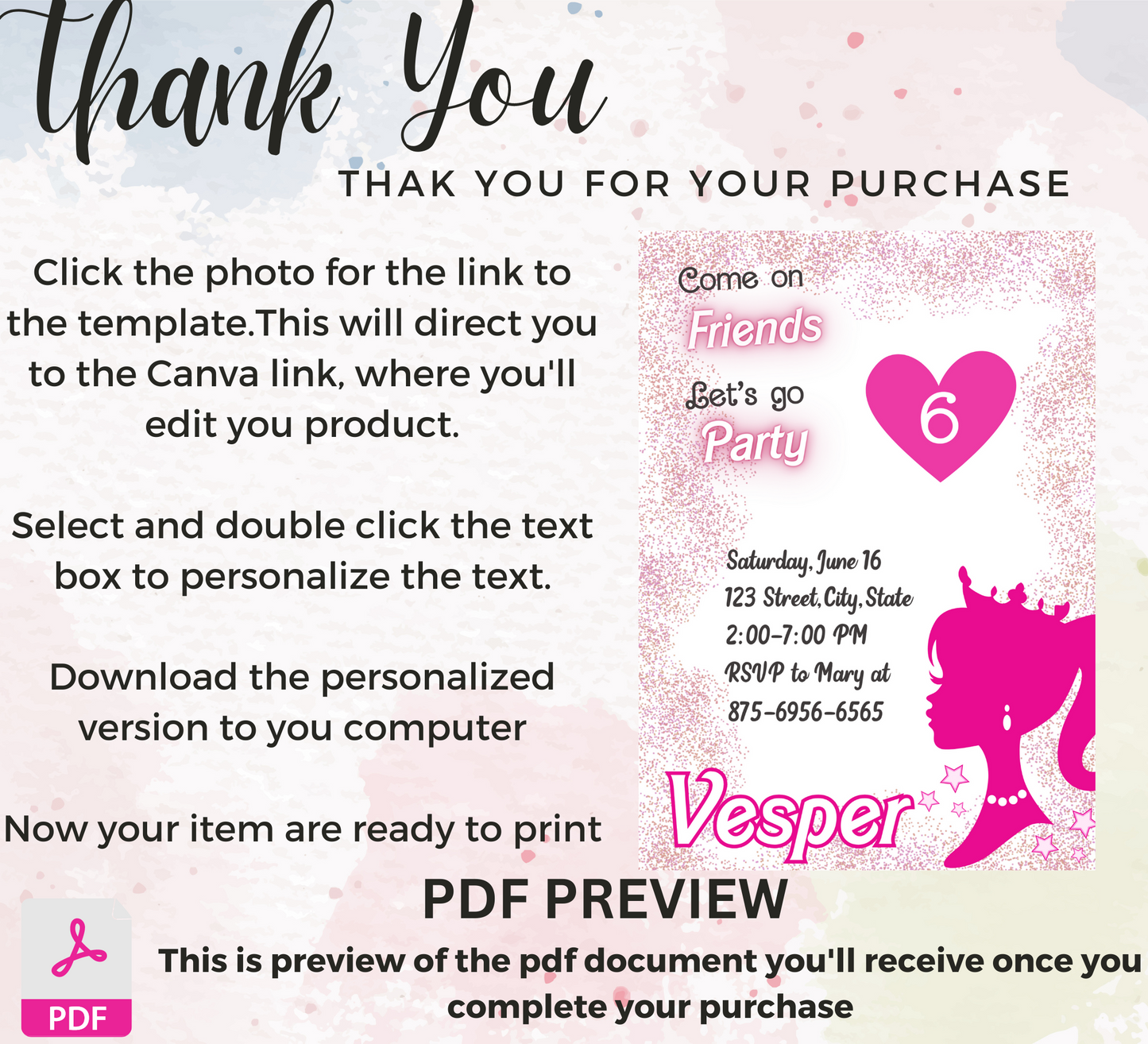 Barbie Pink Birthday Party Invitation | Girly Barbie Doll Theme | Printable Invite for Girls"