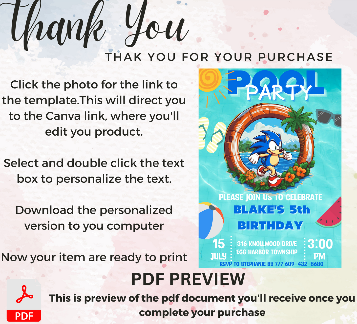 "Sonic the Hedgehog Pool Party Birthday Invitation | Sonic Splash Bash | Kids Summer Celebration Invite"